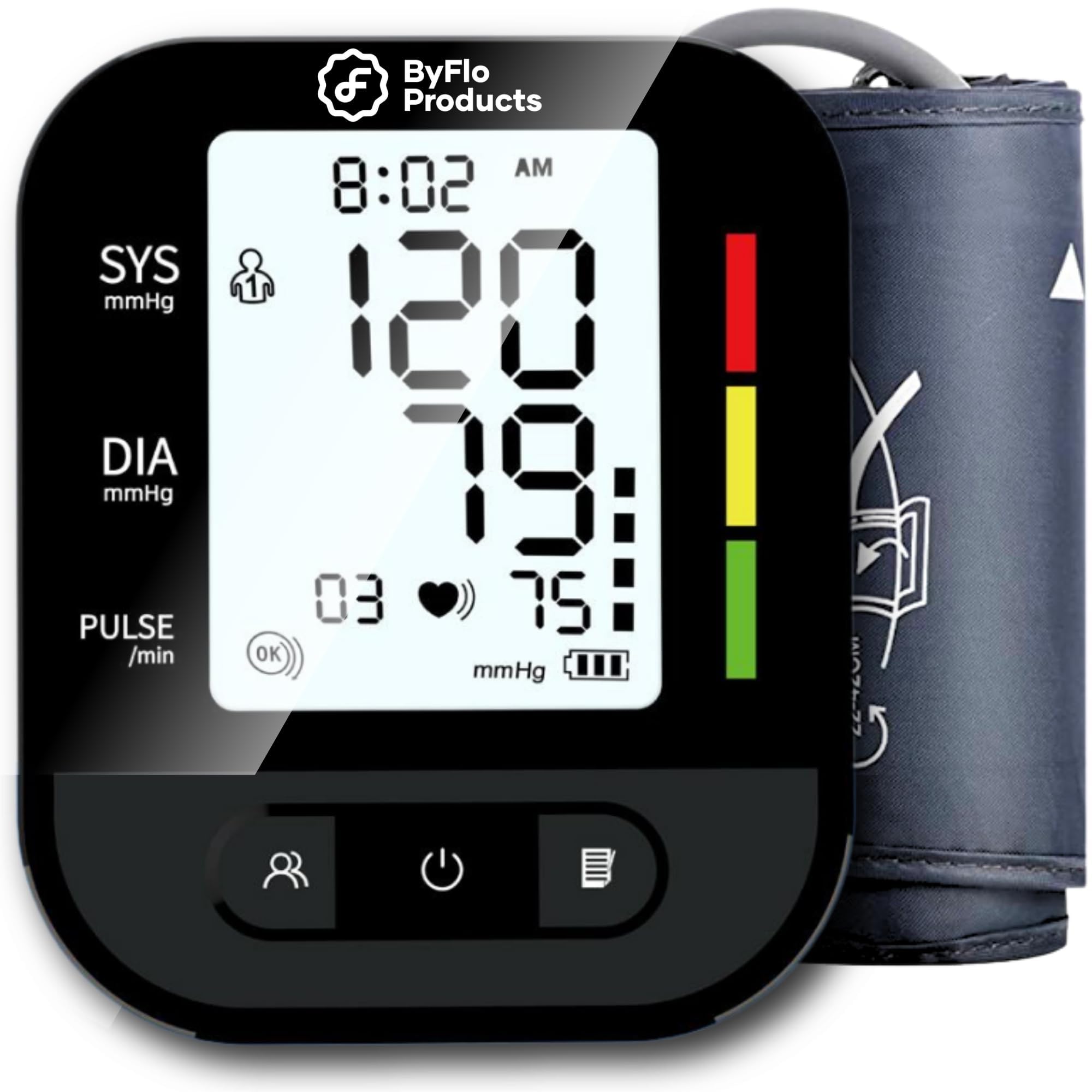 ByFloProducts Blood Pressure Monitor for Home Use – Digital Heart Rate Monitor with Backlit LCD Screen, Includes Blood Pressure Cuff, 4 AAA Batteries, Perfect Automatic Blood Pressure Machine (Black with Backlight)