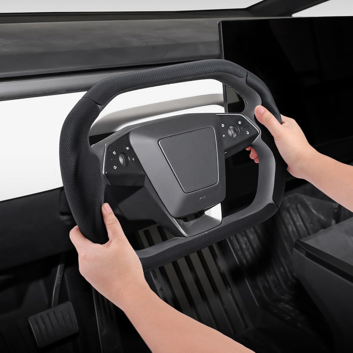 Steering Wheel Cover for Cybertruck 2023-Present Leather Steering Wheel Cover for Tesla Cybertruck Truck Car Steering Wheel Accessories (Perforated Black)