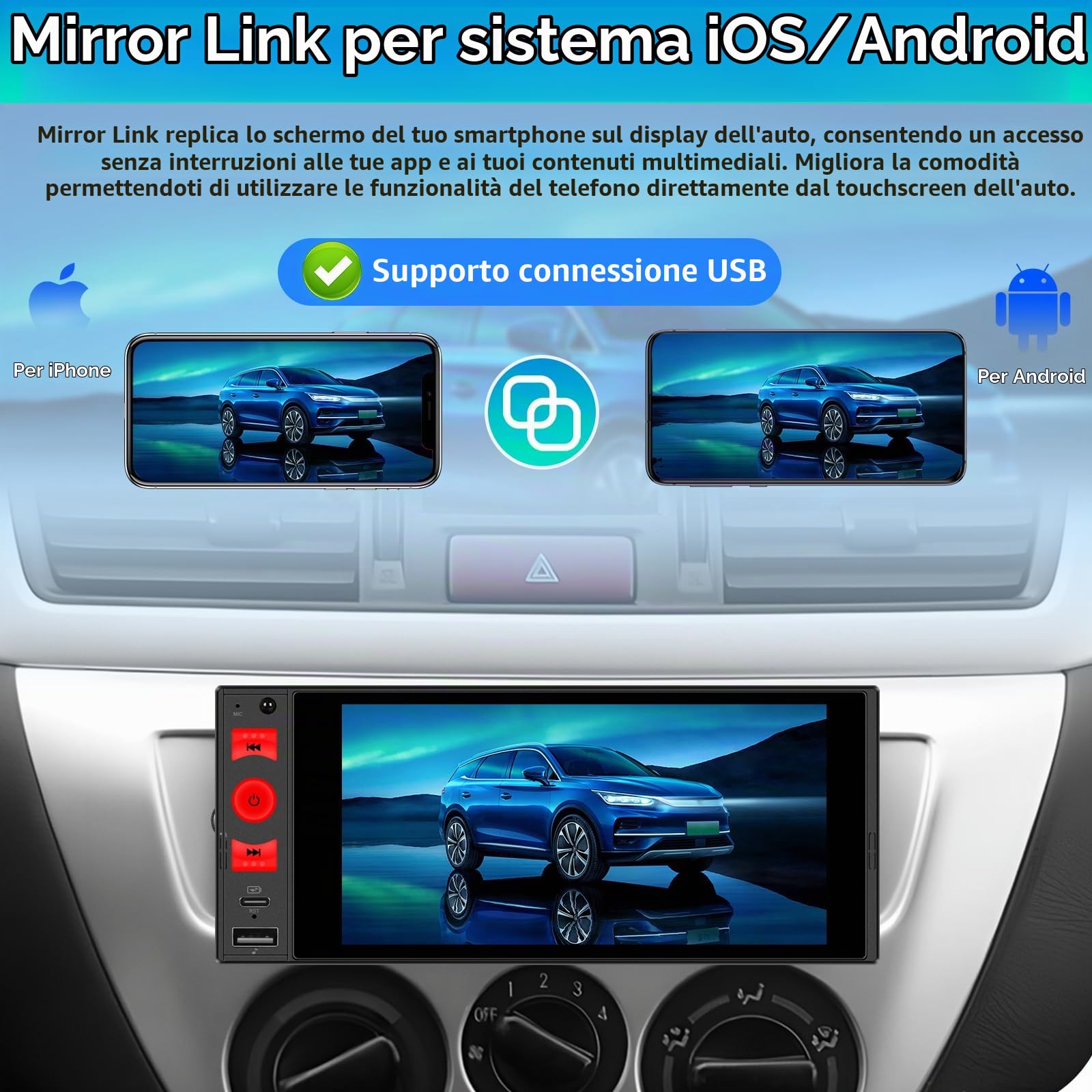 Stereo Auto Bluetooth con Schermo, Wireless Android Auto CarPlay Autoradio 1 Din con HD Touchscreen, Mirror Link, FM, USB/TF/AUX, SWC, Single Din Car Radio & Type-C