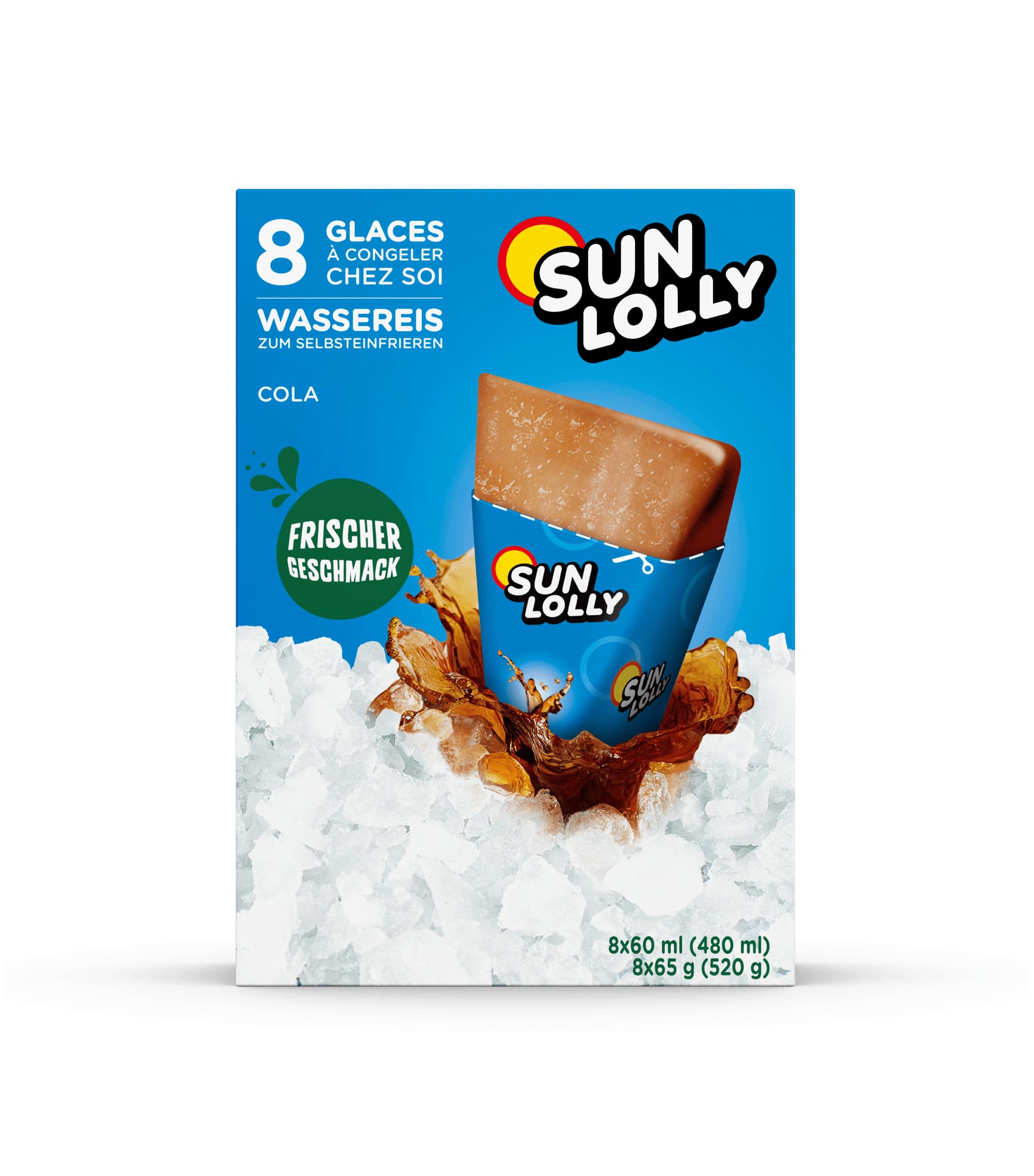 Sun Lolly Wassereis Cola 8 Stk | Mit Fruchtsaft | Zum Selbsteinfrieren | Ohne künstliche Aromen | Frei von Süßungsmittel | Laktosefrei | Glutenfrei | 8 x 60ml