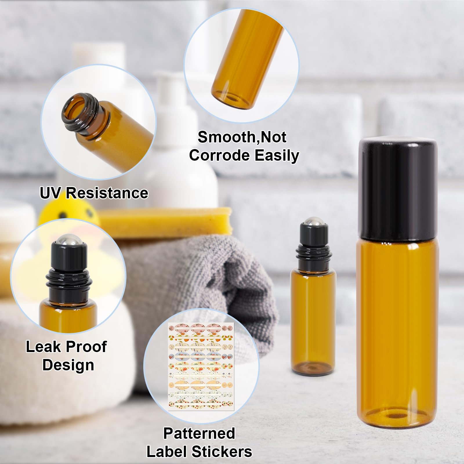 24 Bottigliette Roll-On Vuote 5ml In Vetro - Con Rullo Acciaio Inox