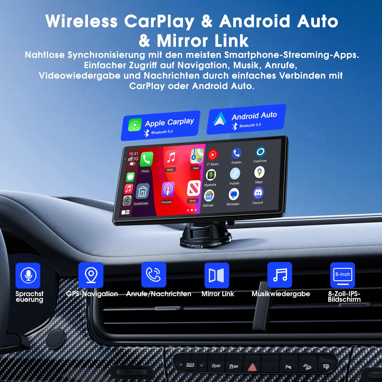 Avylet 8'' Tragbares Carplay Display für Apple CarPlay & Android Auto, Magnetische Halterung, Mirror Link und OTA-Updates, IP67 1080P Rückfahrkamera, Bluetooth, Sprachsteuerung, GPS-Navigation
