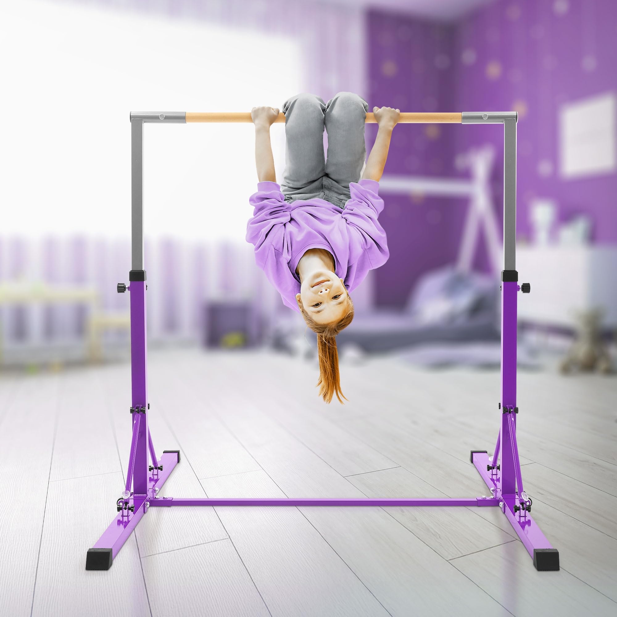 Hauki Barra da Ginnastica per Bambini Vari Colori, Barra Orizzontale Pieghevole, Regolabile in Altezza 95,5-150 cm, Sbarra Ginnastica in Legno e Acciaio, Attrezzi da Ginnastica per Allenamento a Casa