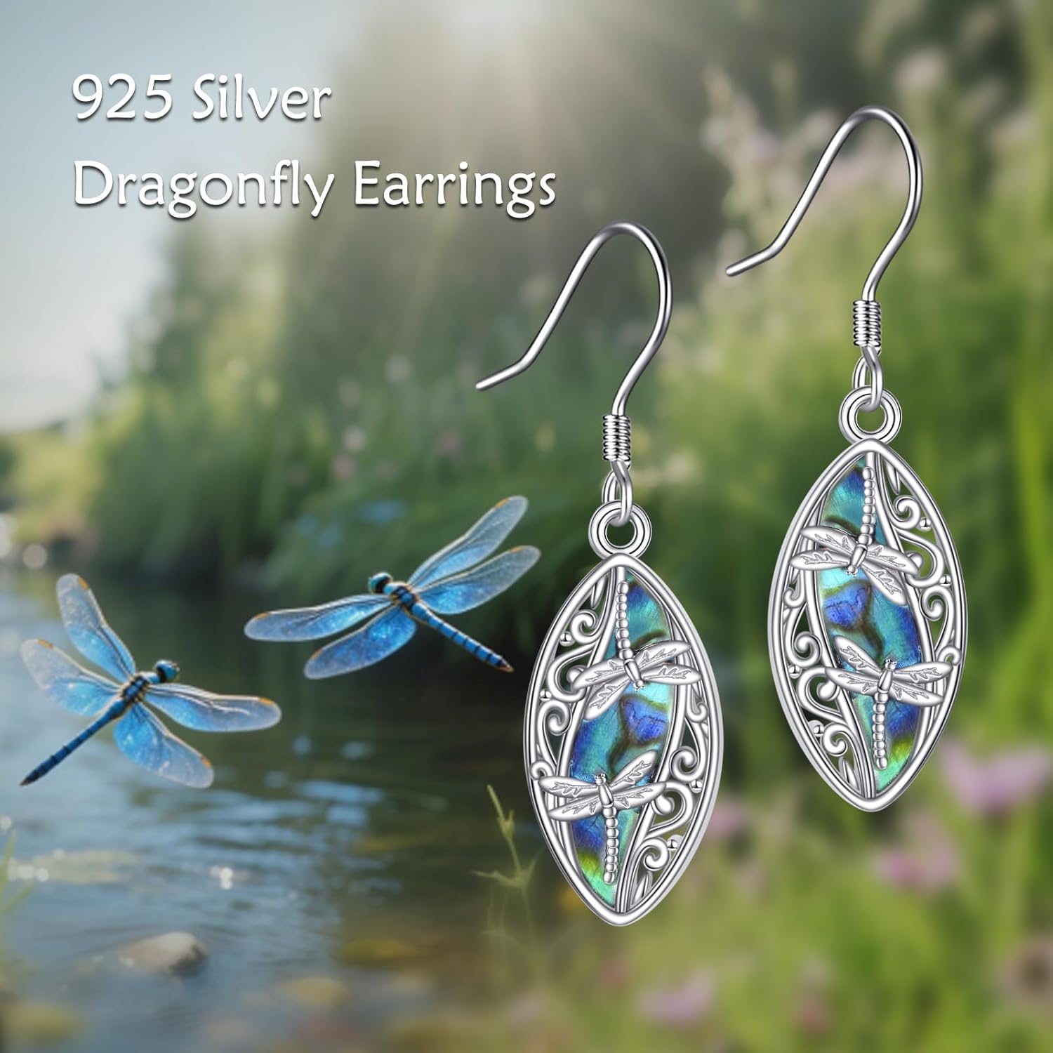 Dragonfly Filigree Earrings Sterling Silver Dragonfly Earrings for Women Filigree Abalone Shell Jewelry Gift for Women - Image 7