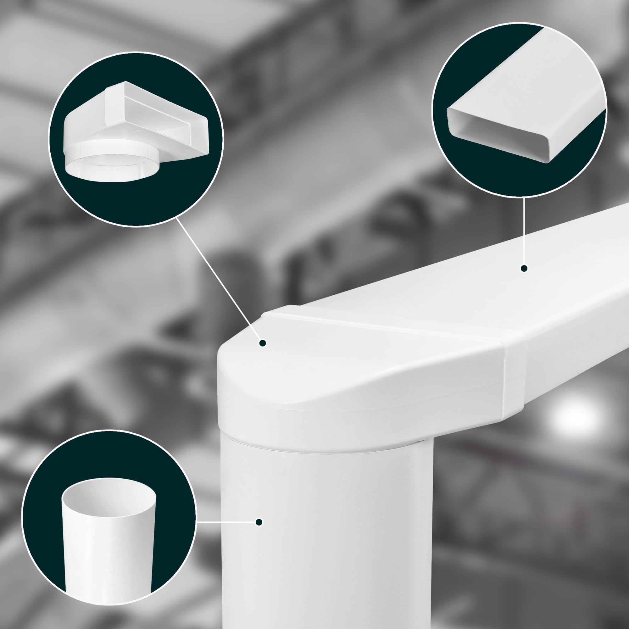 KOTARBAU® Kolano łącznikowe do kanału płaskiego 204 x 60 mm z okrągłym otworem ⌀ 150 mm Biały Plastik