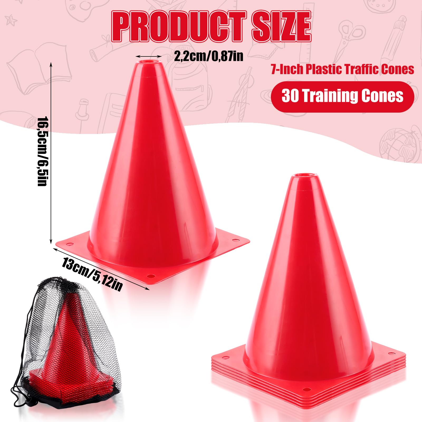 AKOLAFE 30 Pièces Plots Sport Rouges 17 x 13 cm avec Sac Filet, Cônes de Marquage pour Entraînement Football, Agilité, Jeux, Intérieur, Extérieur et Club