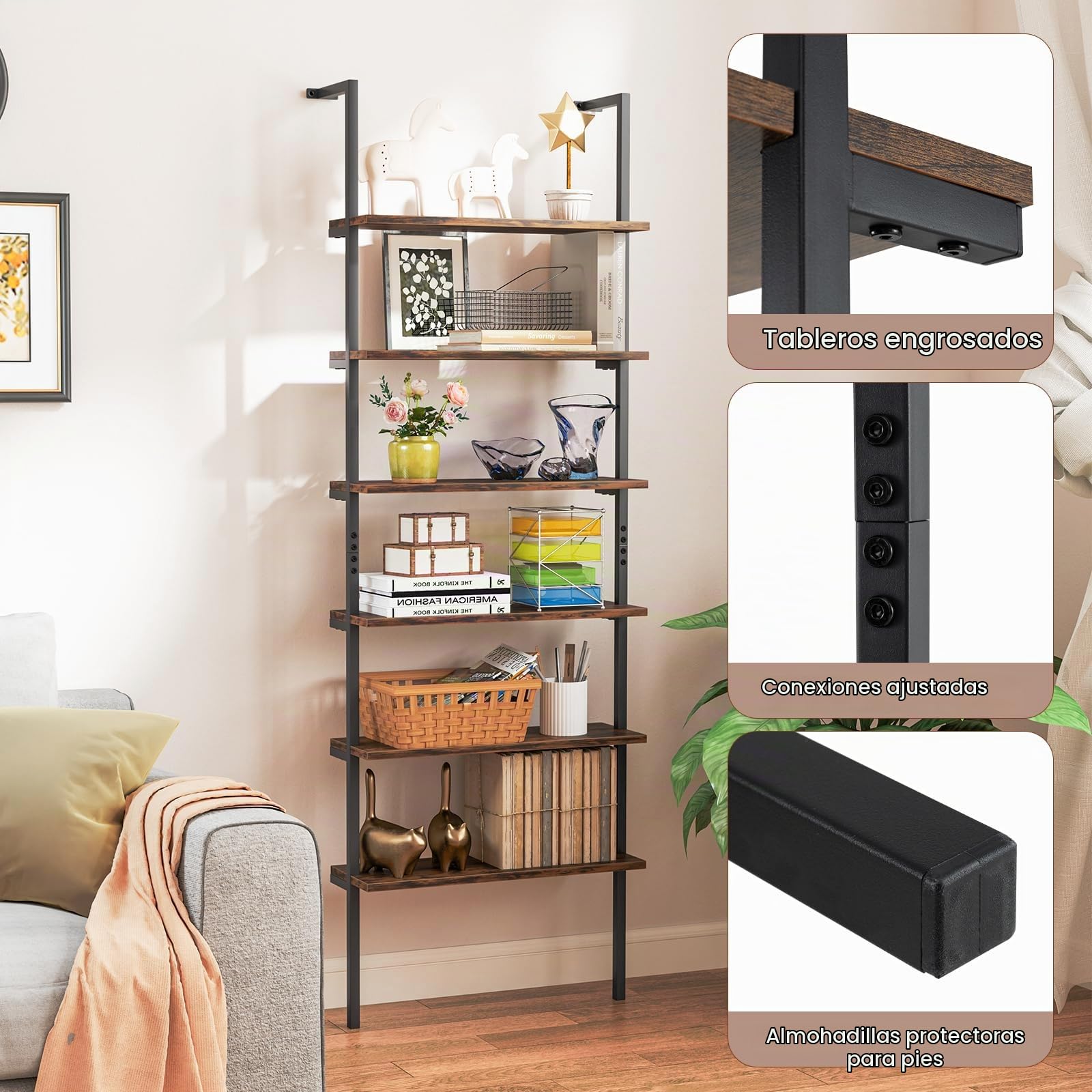HOMASIS Estantería de Pared con 6 Niveles, Librería Escalera con Estructura metálica y Dispositivos antivuelco, Estantería Abierta Moderna para salón, Dormitorio, Oficina, 60x20x183cm (Marrón)
