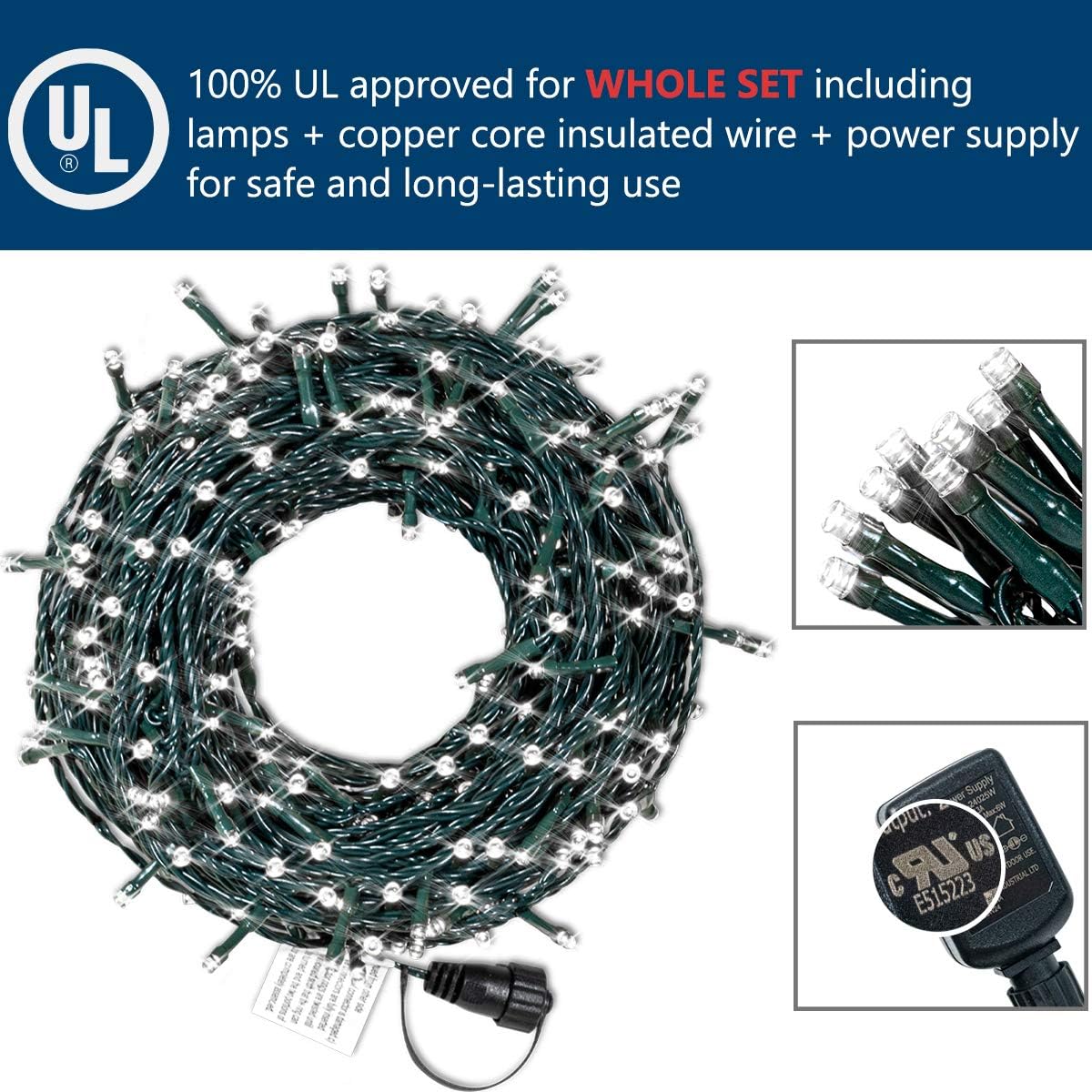 FRK Outdoor String Lights 105FT 300LED String Lights Waterproof Plug in Christmas String Lights White for Party Decoration/ Patio/Bedroom with 8 Modes Memory Function 100% UL Listed