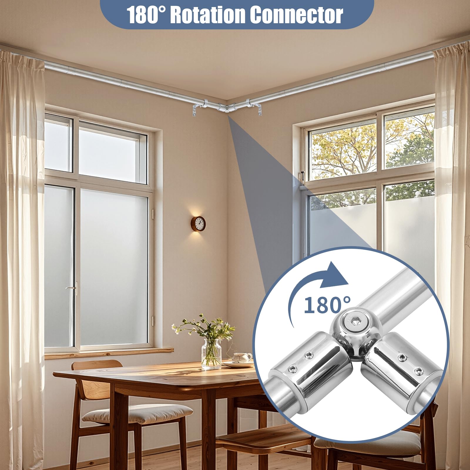 Anndason Heavy Duty 1 Inch Corner Curtain Rods Set 30-76 Inch Corner Windows Rod L Shaped Curtain Rods Corner Windows Curtain Rods Set (Silver)