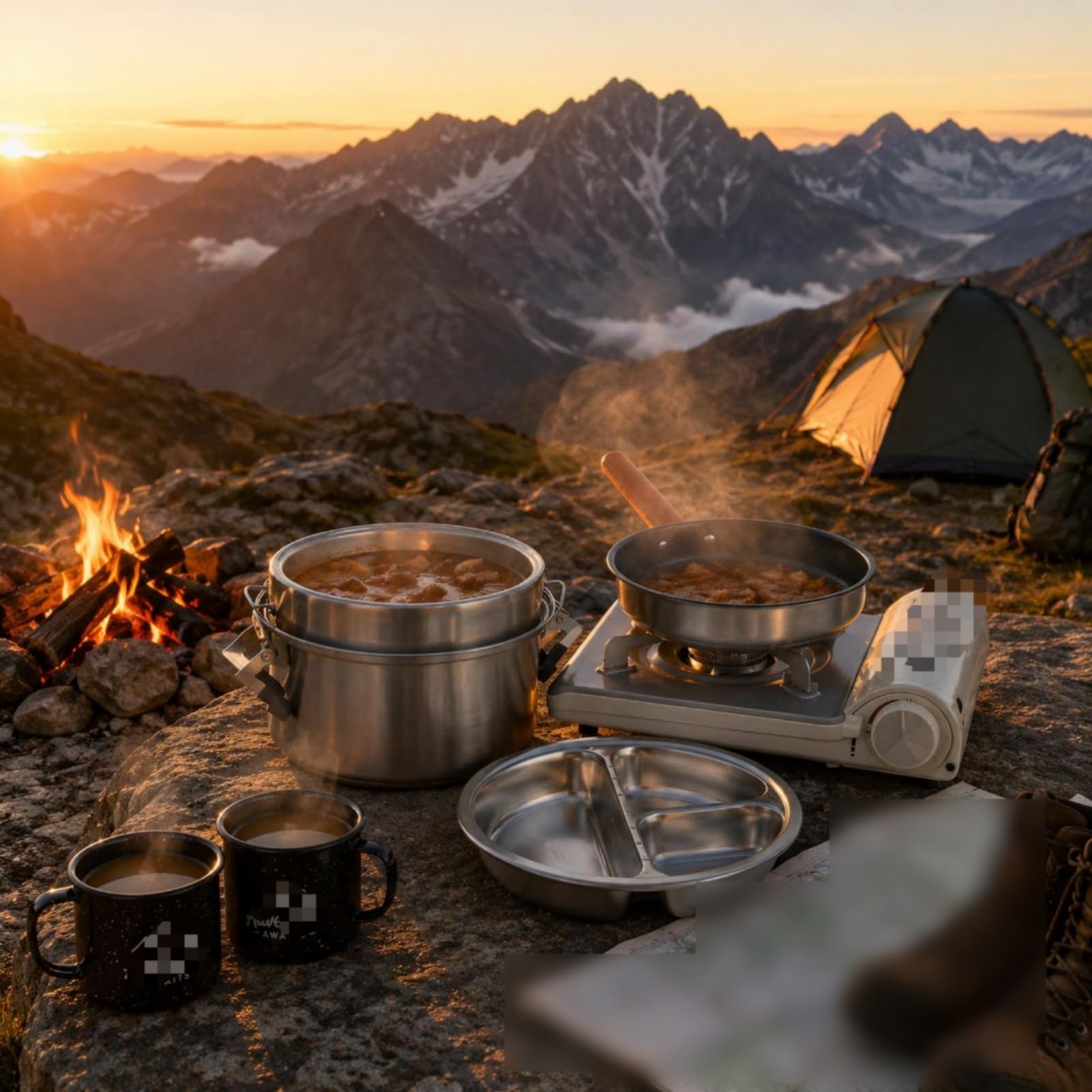 3 Pieces Set Pentole Campeggio Manici Laterali Set da Cucina da Campeggio Finitura Finitura Lucidata Argento Attrezzatura Outdoor