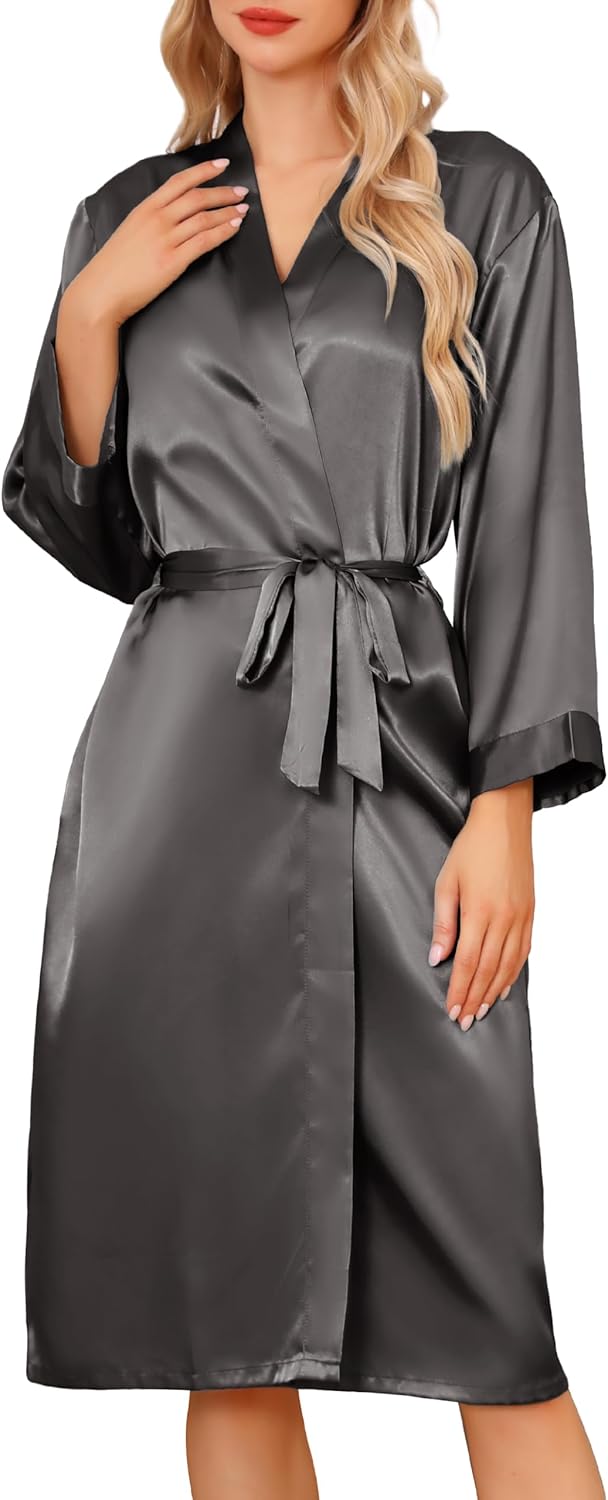 Sopesil Satijnen badjas, uniseks, satijnen badjas, kimono, V-hals, ochtendjas voor spa, huis en hotel, S-XXL, donkerblauw, L