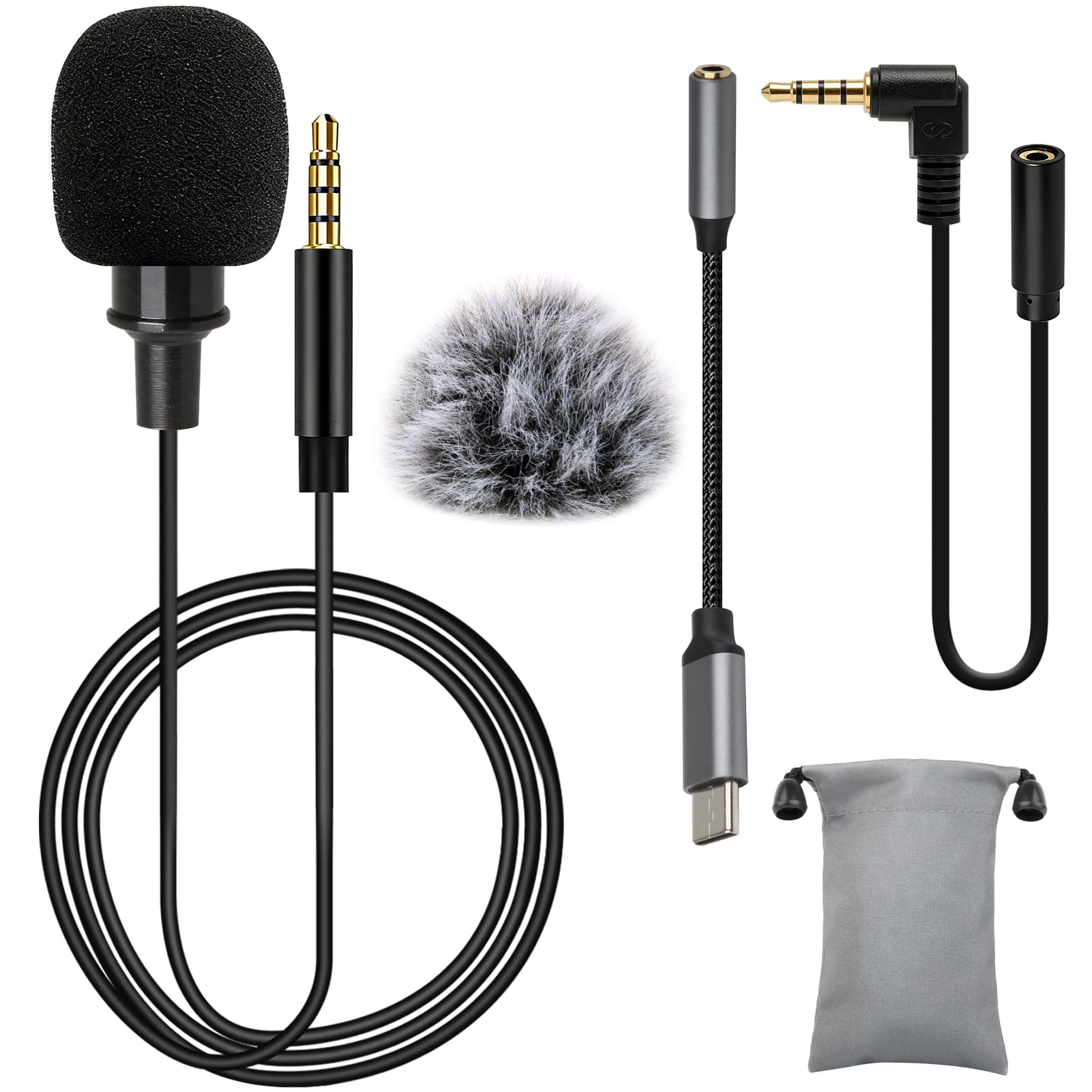 Micrófono de Solapa Omnidireccional lavalier Micrófono con 2M Cable Parabrisas Type-C Adaptadores, 3.5mm Audio Cables para Grabación Entrevista Videoconferencia Podcast Dicción de Voz Phone