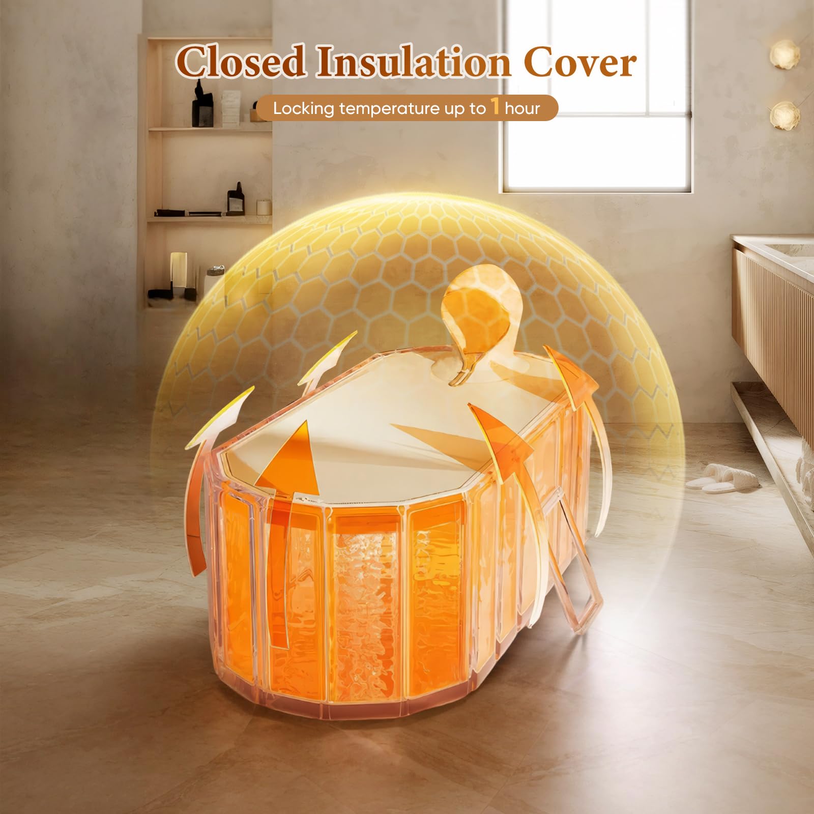 Bañera portátil para adultos 150 x 55 x 50 cm, bañera plegable para adultos con 2 agujeros de drenaje, bañera familiar para baño de hielo Equipada con 2 placas de soporte laterales con cubierta (Beige