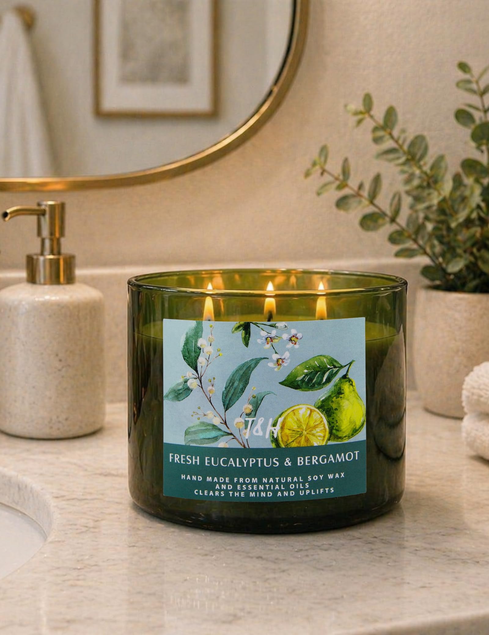 Candela fresca all'eucalipto e bergamotto, grande candela profumata a 3 stoppini, per rilassarsi in casa, 450 ml, candela per aromaterapia antistress, candela profumata di soia di lusso per donne e