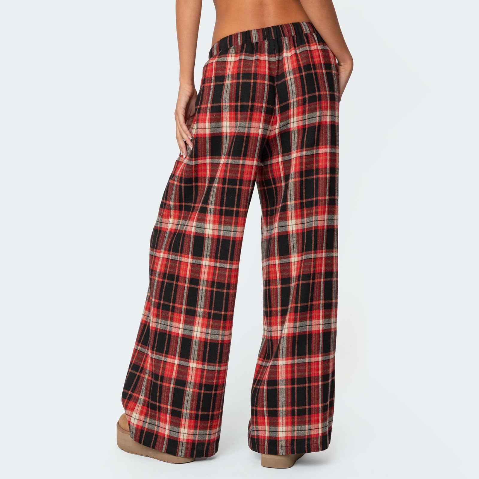 Sexy Outfit Pantalon de Salon à Jambes Larges pour Femmes, Confortable, Taille élastique, Baggy, à Carreaux, Palazzo, Ample, Cordon de Serrage, avec Poche