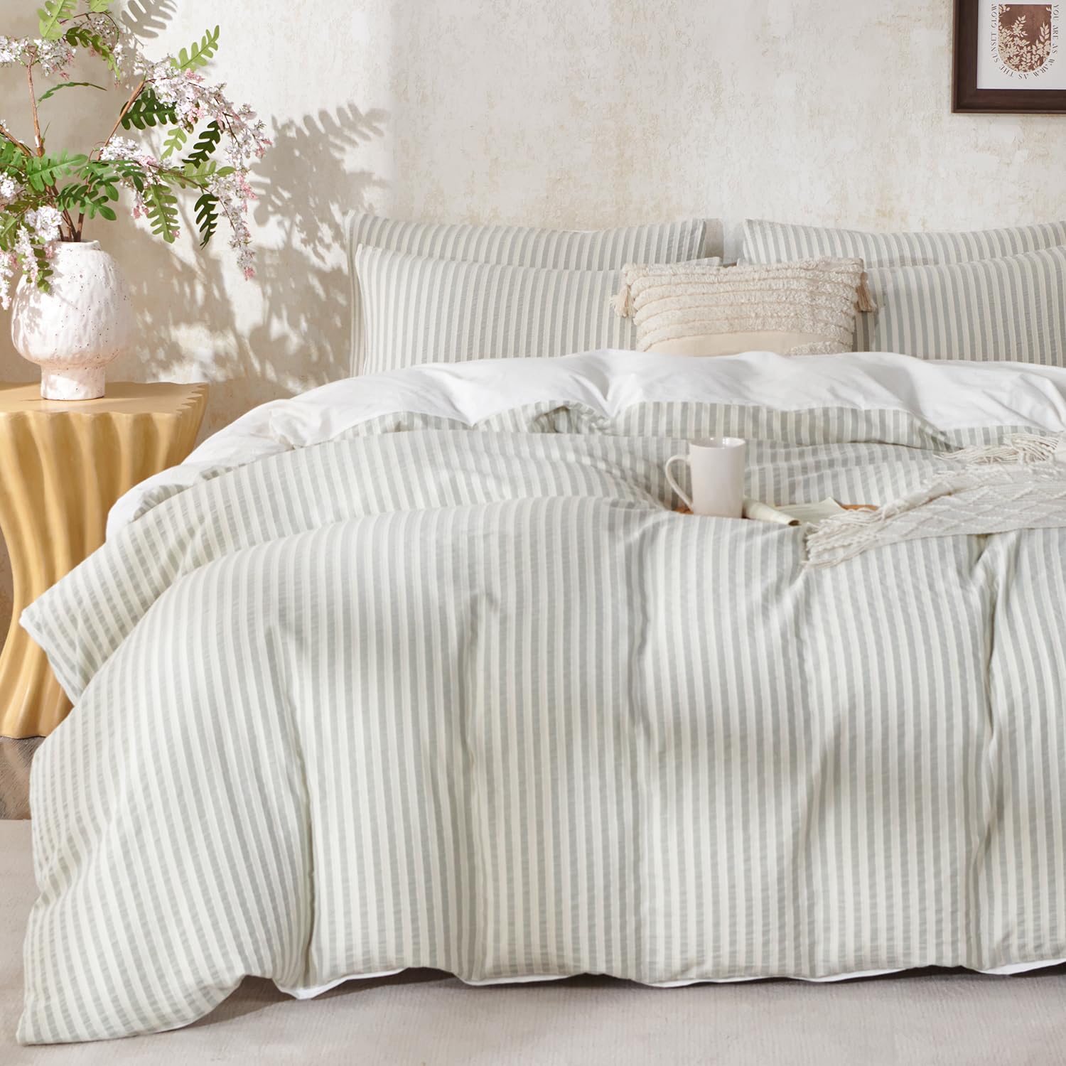 Duvet Cover Set King Striped Sage Green, 100% Washed Cotton Jacquard 3 Pieces Green King Striped Bedding Sets