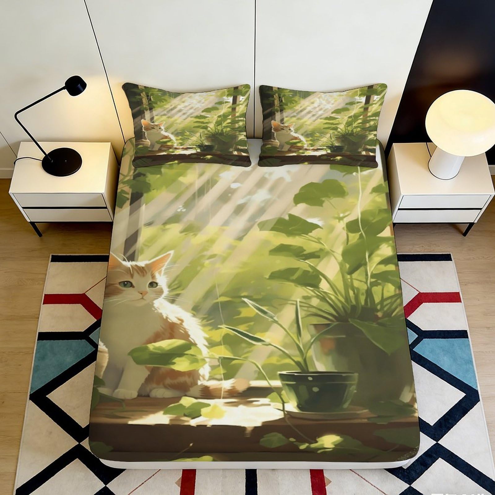 Uxinyoume Style-2 3D Printed Sunlight Cat Fitted Sheet Microfiber Green Plants Mattress Cover Anti-Slip Easy Care For Bedroom Guest Room 90X200x25cm