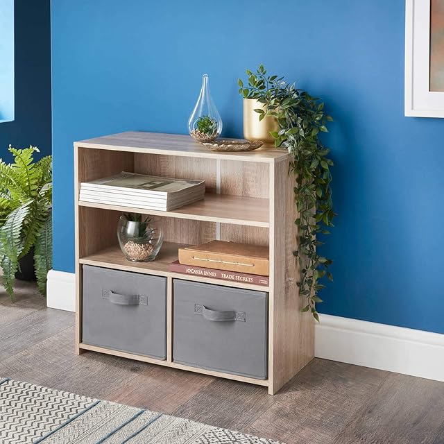 spot on dealz® Wooden Storage 2 Shelves 2 Cube Storage Basket Shelving Unit Bookcase Home Office Use Display Furniture Living Room Décor Easy to Build (Oak)
