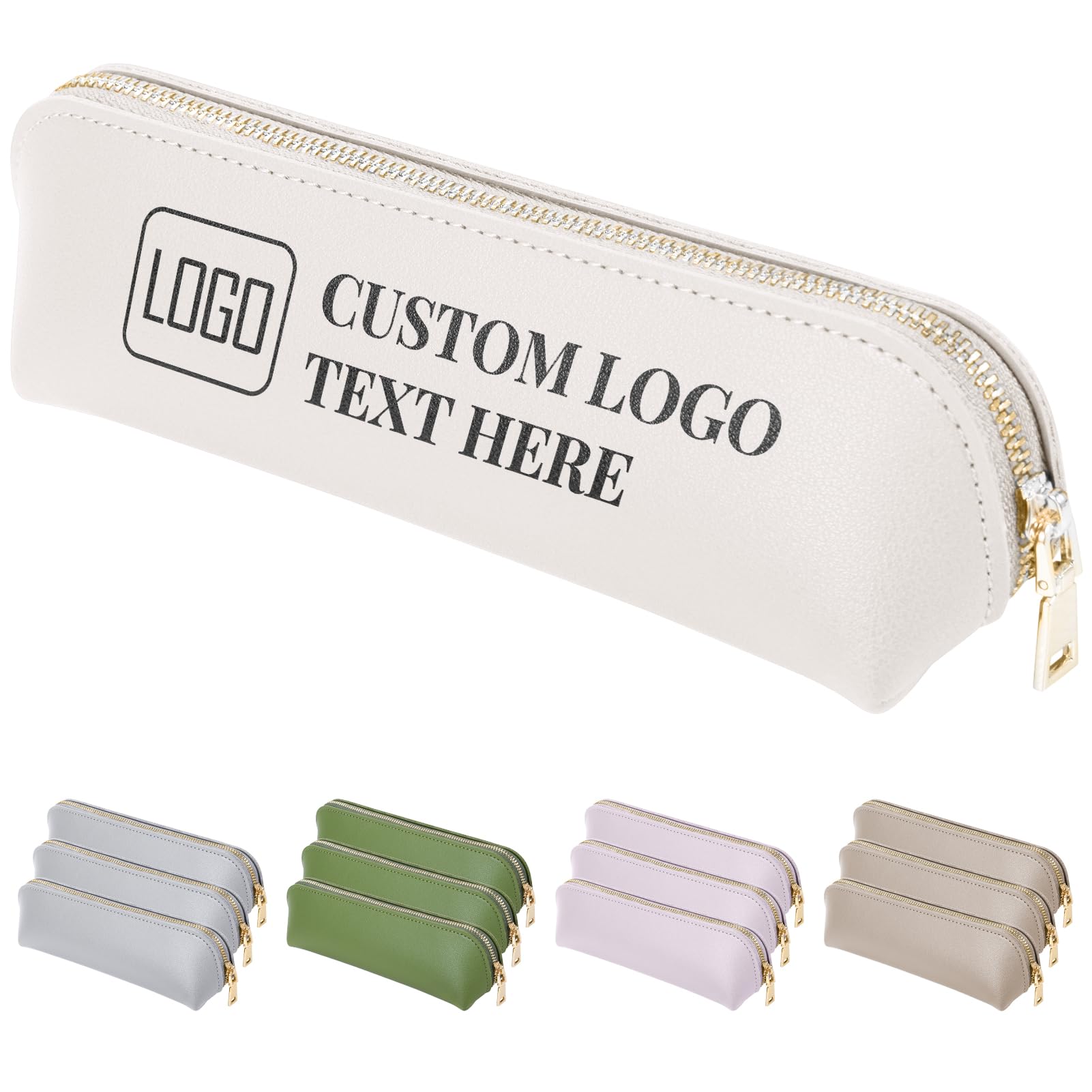 Fyore 15 Pack Personalised Pencil Case with Logo Text - Bulk Custom Leather Slim Pen Bag with Metallic Zipper for Students & Office