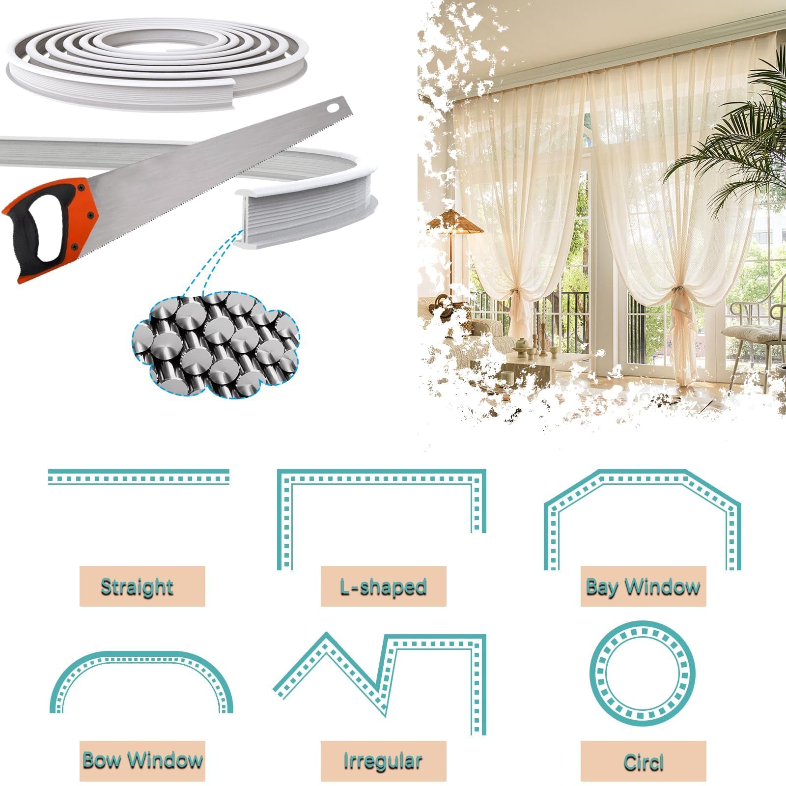 SWTYExt Binario Tenda Soffitto 3m Binario per Tende a Soffitto Flessibile Bianco PVC con Pulegge Silenziose per Separazione Degli Ambienti Camera da Letto Tende Balcone Ufficio Camper
