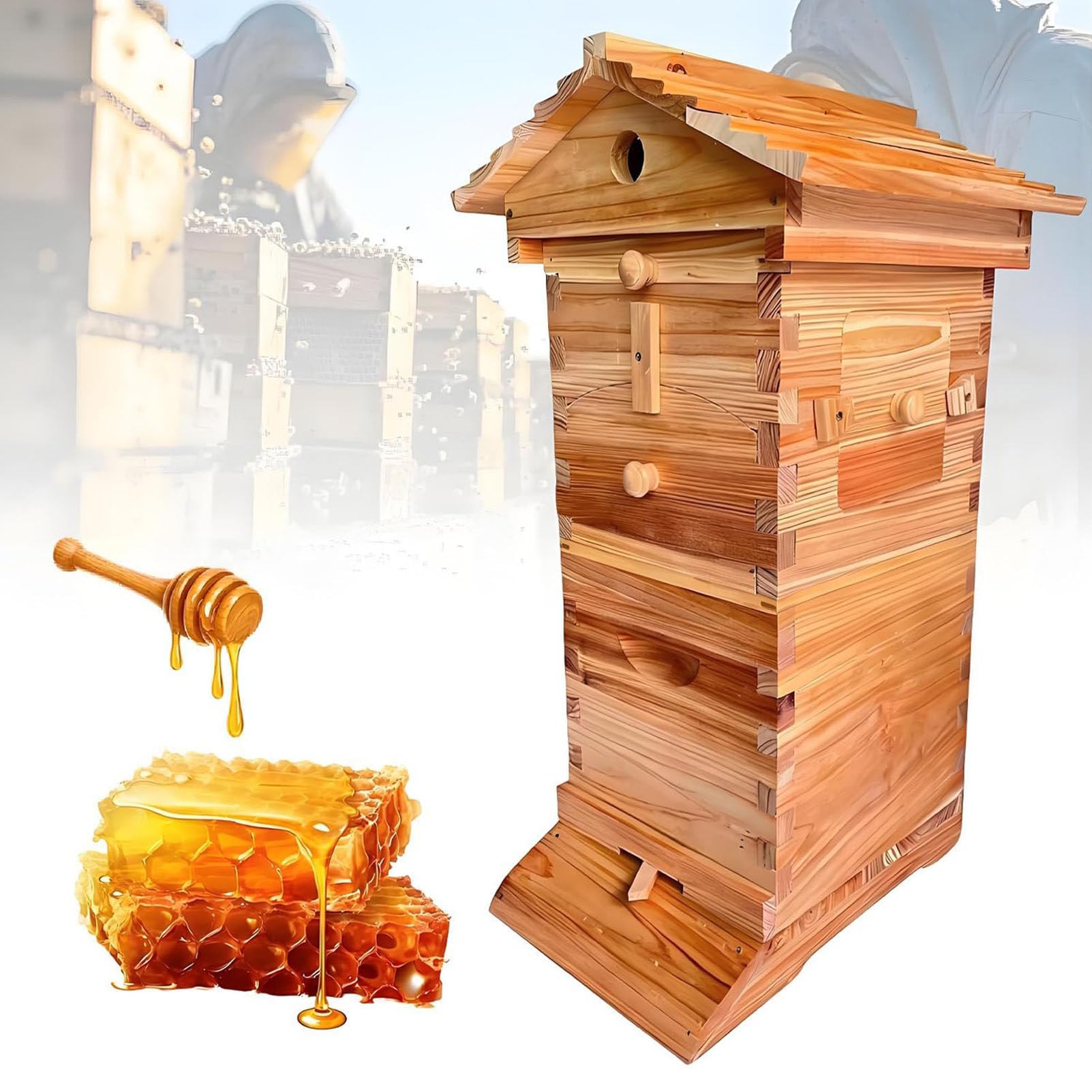 Caibendss Self-Flowing Honey Beehive,Beehive Starter Kit with Observation Window and Honey Spout Includes 4 bee Frames and 6 Honeycomb Trays, Automatic Honey Harvesting