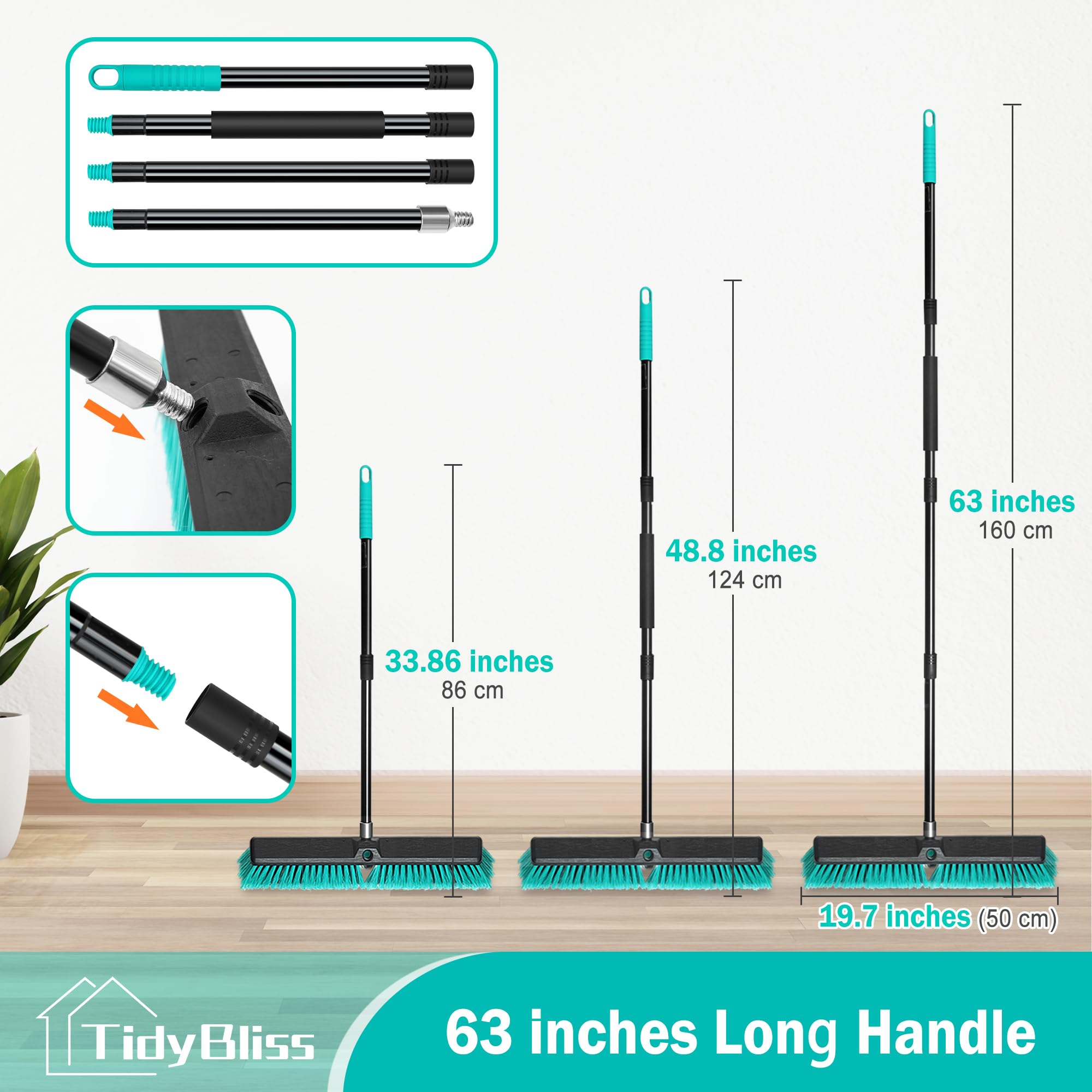 TidyBliss 3 Piezas Escoba Jardin de 45 cm para Exteriores, Cepillo Comercial Grande de Cerdas Rígidas con Mango Largo de 160 cm para Garaje, Taller, Jardín, Patio, Terraza, Calle, Almacén, Césped
