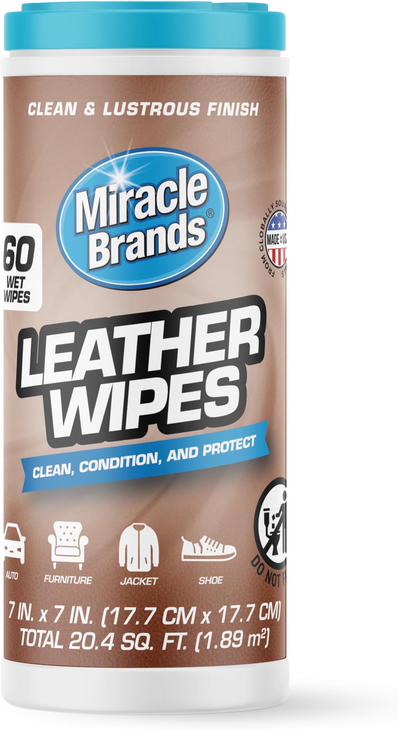 MiracleWipes for Leather Cleaning & Conditioning, Vehicle, Furniture, Shoes, Jacket, Interior, Upholstery, Cleans, Protects, and Moisturizes Leather, Prevent Fading and Cracking - 60 Count
