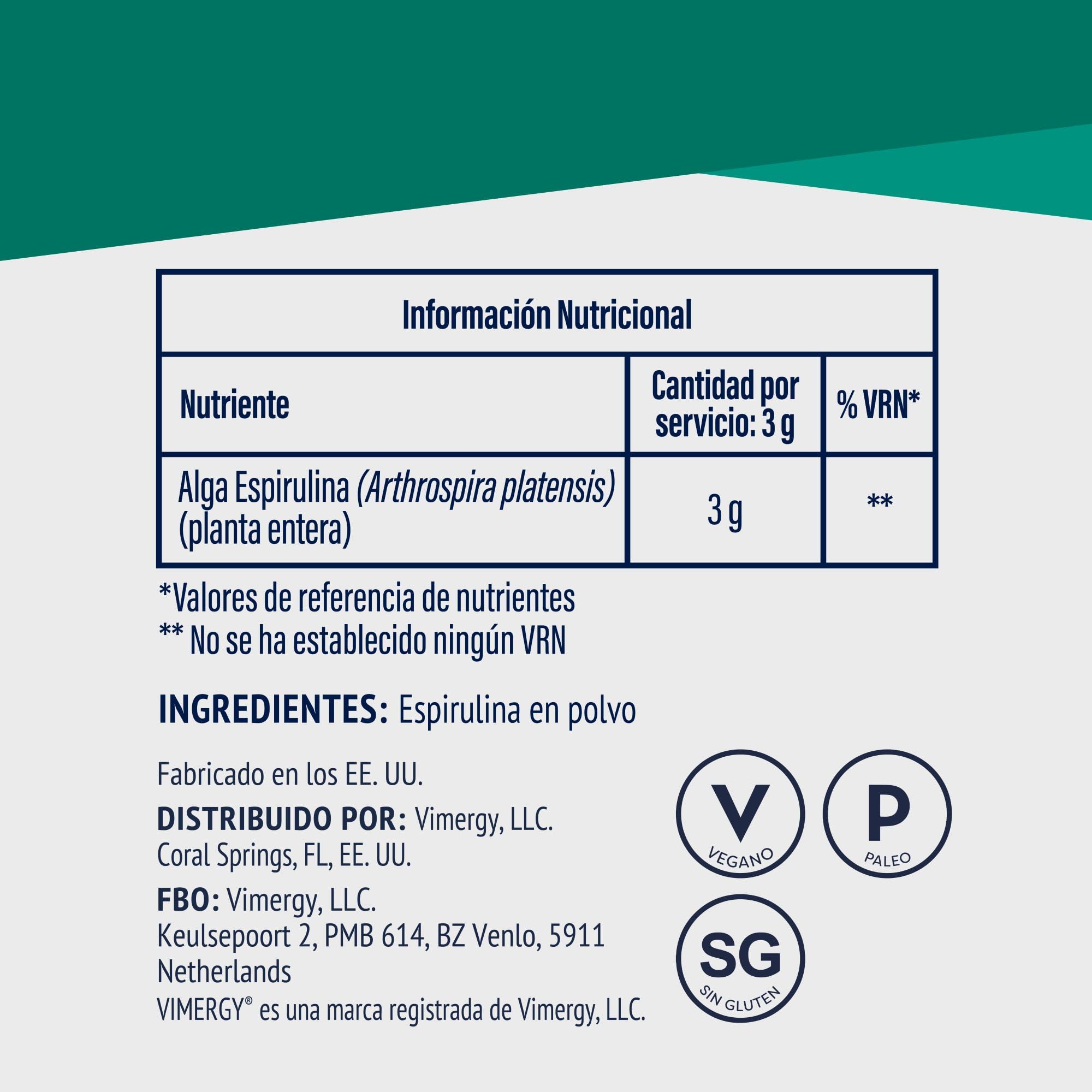 Vimergy Spirulina Powder – 250 g, 83 Dosis – Espirulina en Polvo de Fácil Digestión y Rápida Absorción – Suplemento Vegano - Formulado sin Antiaglomerantes, Rellenos ni Colorantes – Sin OMG ni Gluten