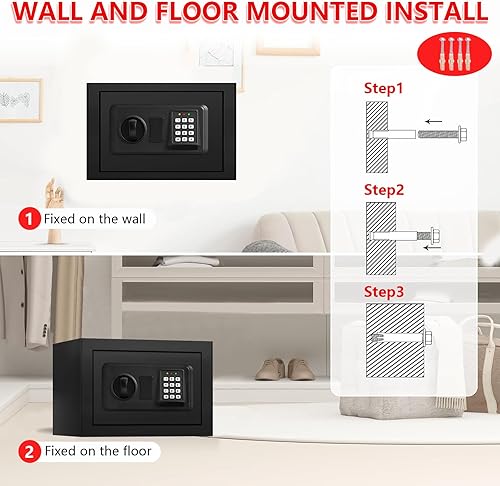 Miniatura 5 de Caja fuerte pequeña, caja de seguridad digital con cerradura de combinación, llaves de repuesto y sistema de alarma, caja fuerte de seguridad para