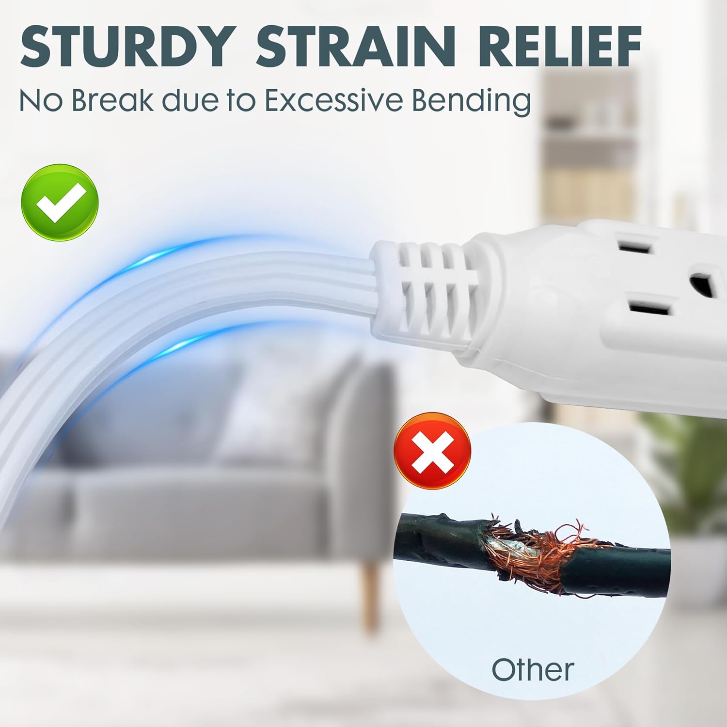 Flat Plug Extension Cord with 3 Outlets Extender, Indoor Extension Cord Flat Plug Power Strip 16 Gauge 30FT White 3 Prong, 16/3 SPT-3 13A, UL Listed