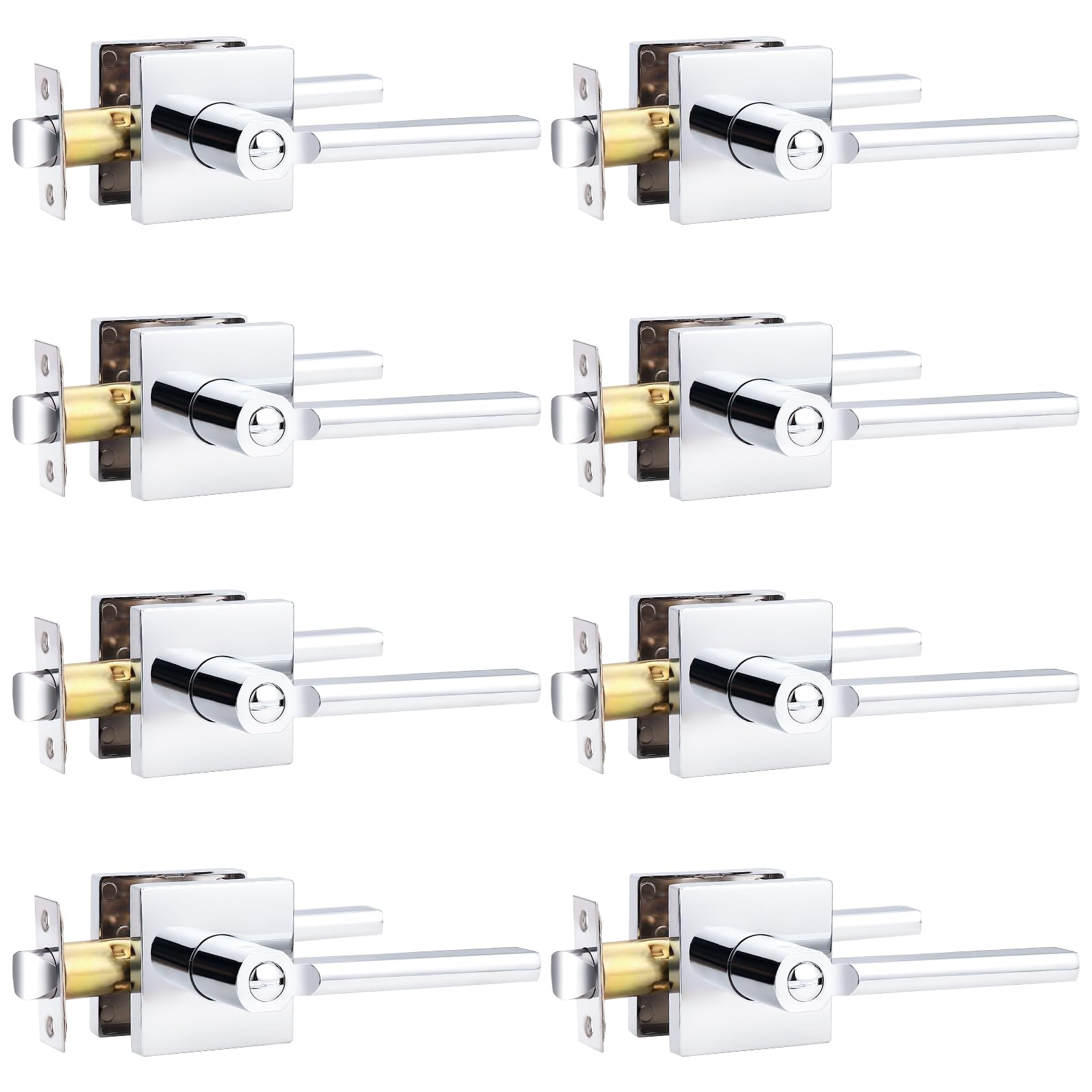 Probrico Privacy Door Handles, Polished Chrome Heavy Duty Interior Levers with Lock, 8 Pack Reversible Square Lockset for Bedroom Bathroom
