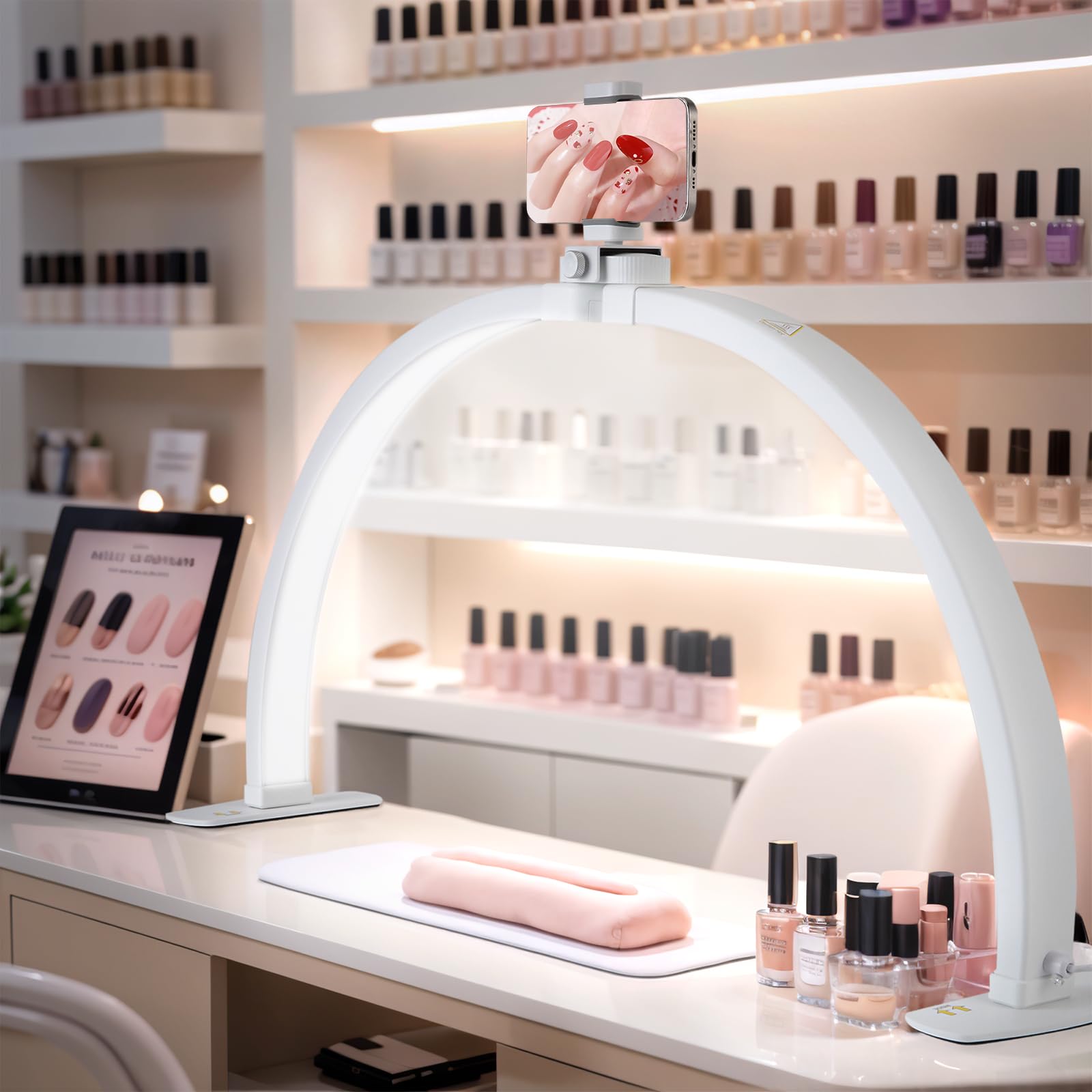 VIHBRAI Halbmond Lampe für Nagel Schreibtisch,Faltbare LED Nageltischlampe für Nail Tech mit Telefonhalter,Nageltisch lampe mit 3 Farbmodi 10 Helligkeiten für Schönheit/Wimpern [E](Halbmond -Weiß)