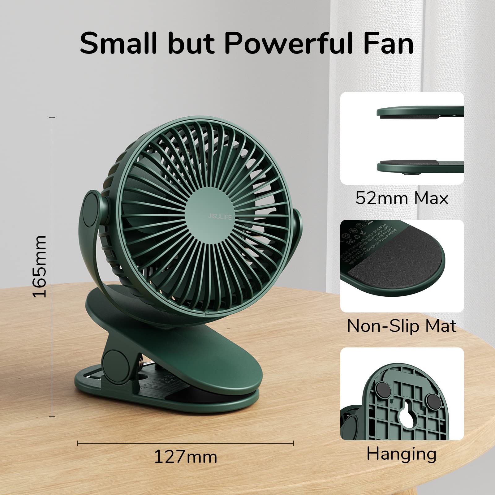 JISULIFE Mini Ventola da Scrivania con Clip, per Passeggino, Piccola Ricaricabile USB da 4000 mAh con Vento Forte, 16 Ore, 4 Modalità, a Basso Rumore - Verde