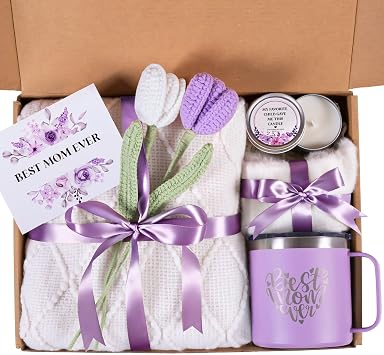 Mothers Day Gifts for Mom from Daughter Son Child, Mother Day Gift Basket for Stepmom, Mother-in-Law, Best Mom Ever Gift Box Set with Blanket Coffee Mug Socks Crochet Tulips Flower