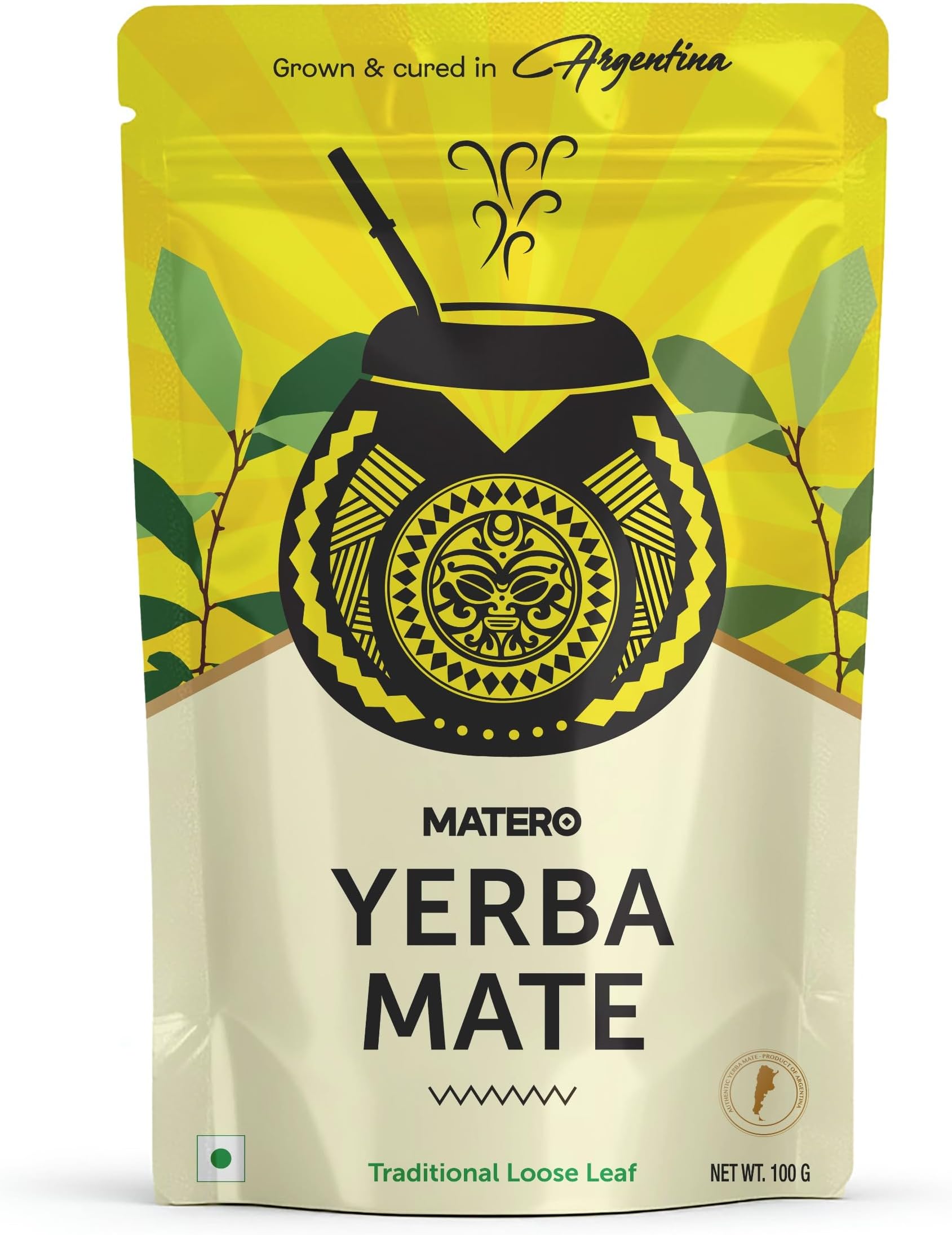 MATERO Yerba Mate Traditional Loose Leaf Tea – 100g Pack, Natural Argentinian Herbal Infusion, Medium Caffeine, Rich Aroma and Smooth Flavor, Vegetarian Beverage for Daily Refreshment – Pack of 1
