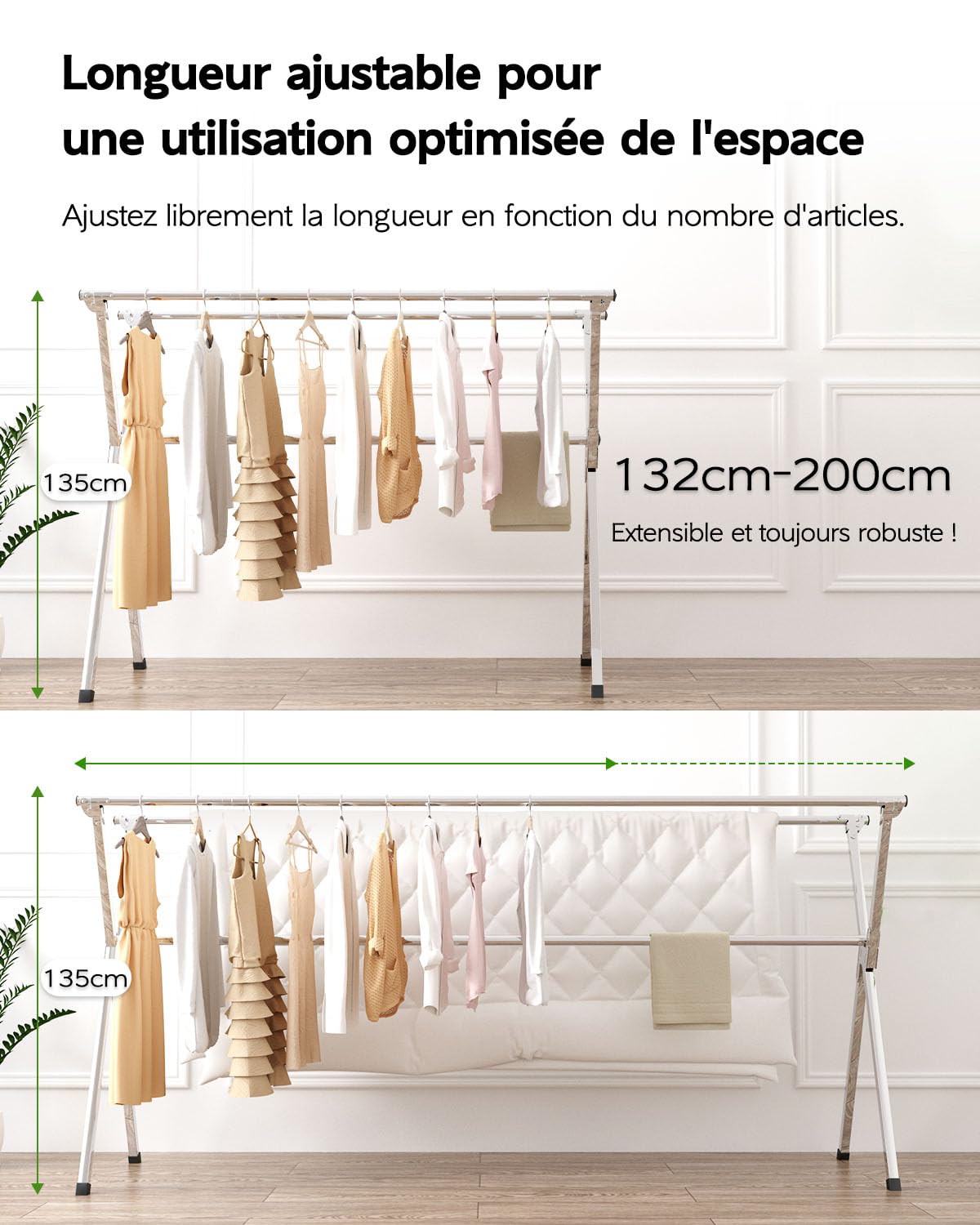 Vikaqi Étendoir à linge pliable de 200 cm pour intérieur et extérieur, étendoir à linge pliable, étendoir à linge pliable, corde à linge robuste en acier inoxydable, support à vêtements, 20 crochets