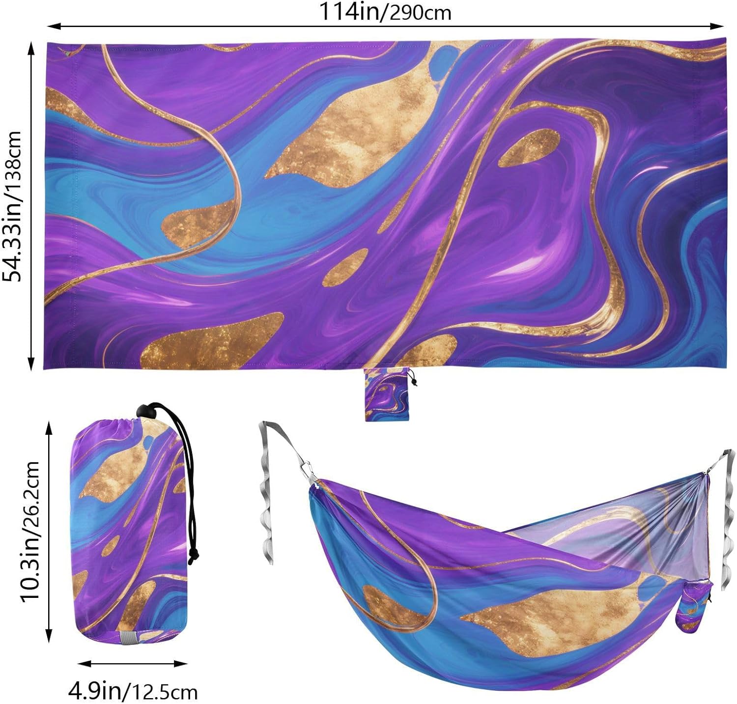 Purple-Golden Irregular Abstract Camping Hammocks with Hanging Rope Cloth Hammock for Outside Beach Patio Garden