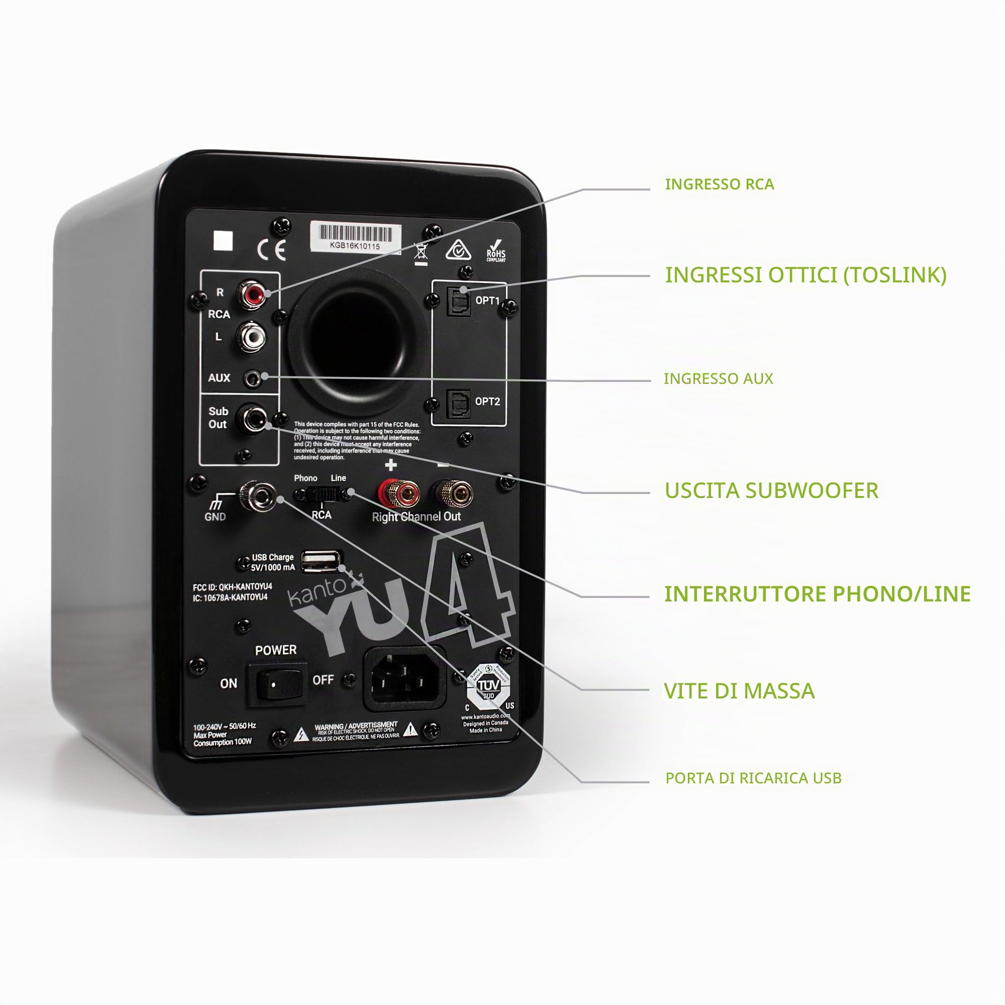 Kanto YU4 di altoparlanti alimentati con Bluetooth e preamplificatore fono - Nero lucido
