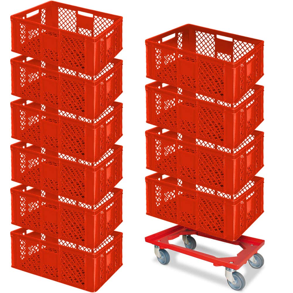 BRB 10 contenedores europeos, 600 x 400 x 240 mm, calidad industrial, apto para alimentos, incluye 1 rodillo de transporte, color rojo