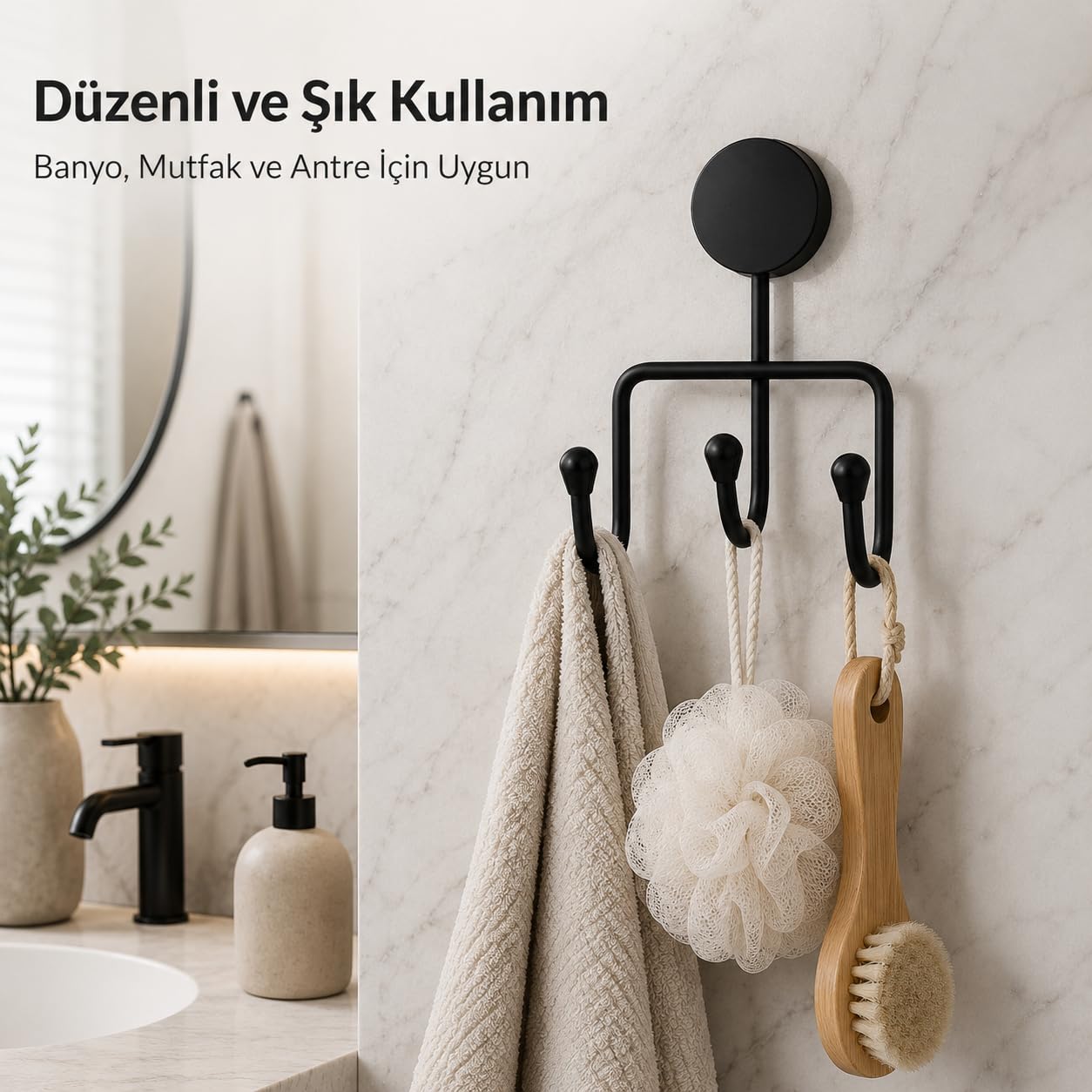 Alper Banyo Lotus Siyah 3 Kancalı Askılık, Yapışkanlı ve Vidalı Montajlı Duvar Askısı, Mat Siyah Statik Boyama, Banyo Mutfak ve Antre İçin Çok Amaçlı Askı