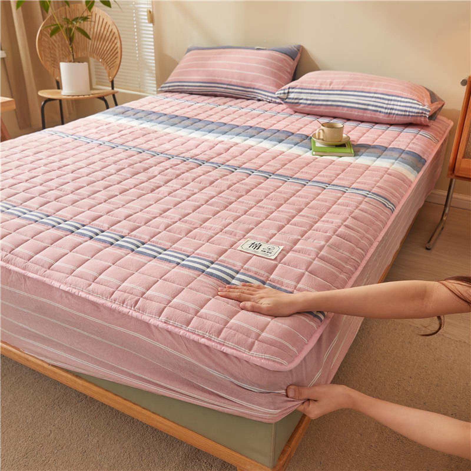 Spannbettlaken Elastisch Weich Und Bequem180 x 200 cm 3 Stück, Baumwolle dick kariert weich gesteppt, Spannbettlaken und Kissenbezug, Tagesdecke für Wohnung, Gastfamilie, rosa Streifen