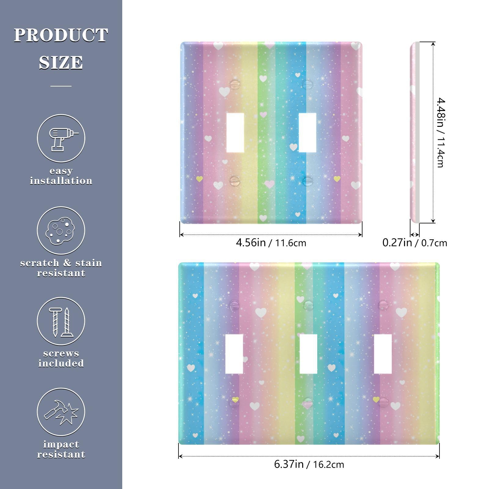Light Switch Cover Rainbow Colored Heart Wall Plates for Electrical Outlets 3 Gang 202b6532