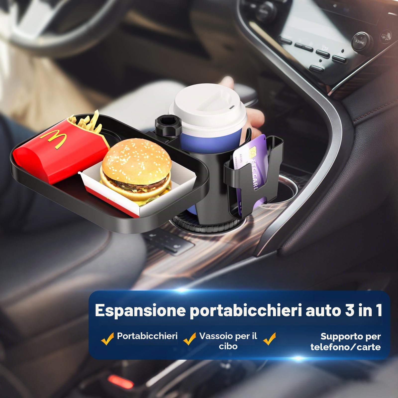 KDD Vassoio Portabicchieri per Auto Multifunzionale - 3 in 1 Vassoio per Alimenti per Auto Staccabile e Base Regolabile, Supporto Telefono e Portabevande a 360° Rotazione per Veicoli Viaggi Nero