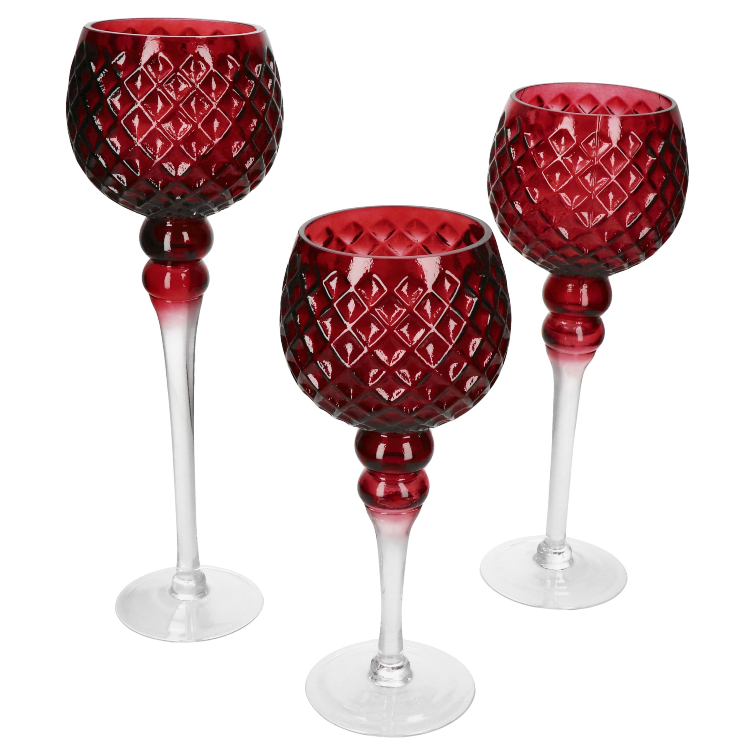 MamboCat 3tlg Set Windlicht Manou I runde Teelichthalter in Weinrot mit Rauten-Dekor & transparentem Fuß I Höhe 30cm, 35cm & 39,5cm I Kerzenständer aus Glas, Tisch-Deko, Weihnachten, Winter