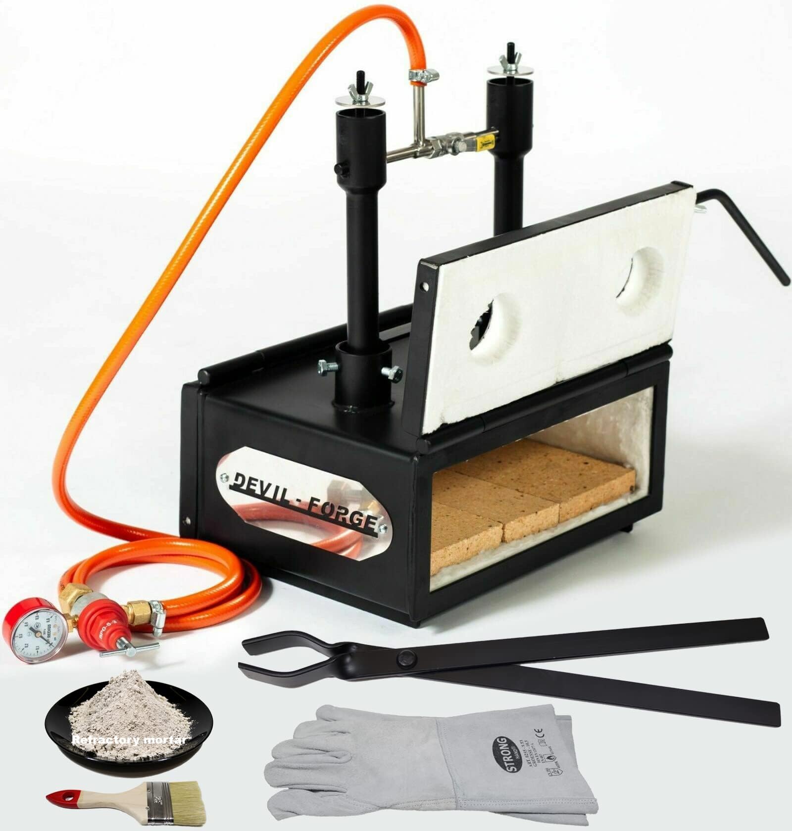 DEVIL-FORGE gas Smeltoven 10Kg FB2M Full Kit, 1 Brander DFC (180.000BTU) Smeltkroes Tang Lashandschoenen, Smeden Juweliers Raffinaderijen 2642°F/1450°C goud zilver koper aluminium messing enz. PREMIUM
