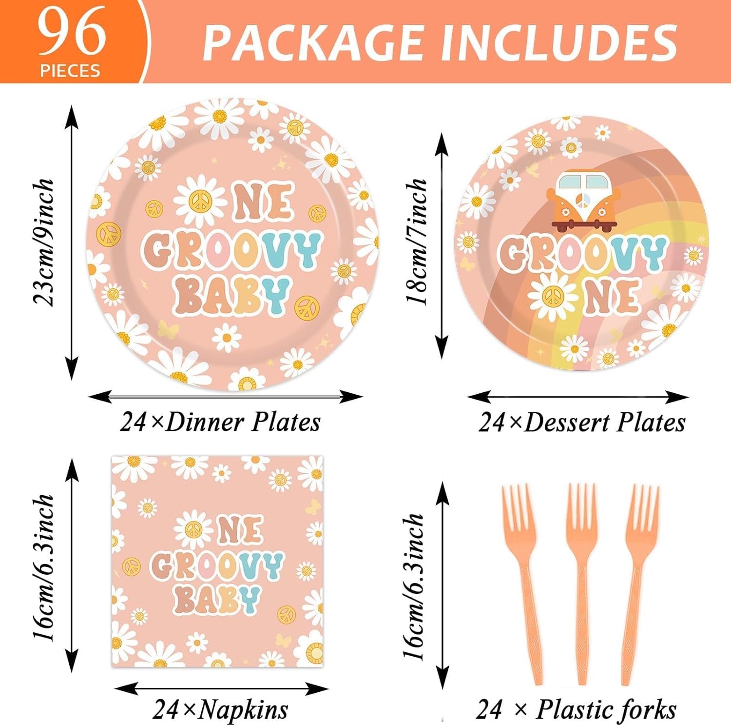 96PCS One Groovy Birthday Party Decorations Groovy One Party Paper Plates Napkins for Girls Daisy Flower Hippie 1st Tableware for Newborn Retro Boho Baby Shower Party Decor Supplies