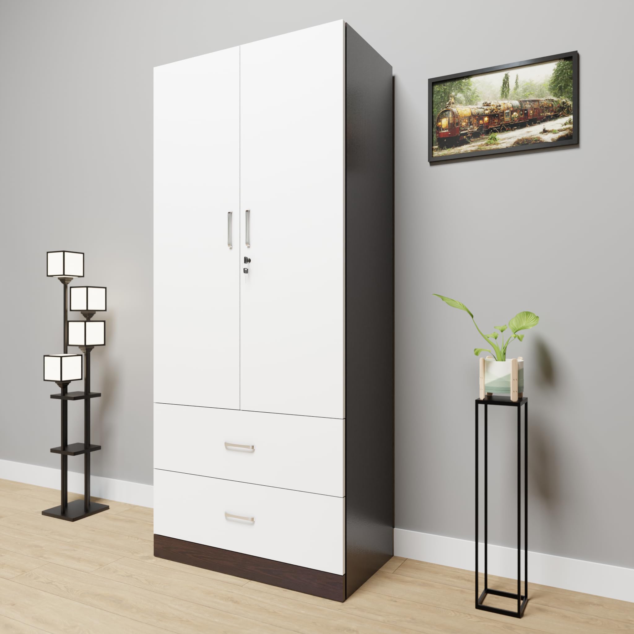 VIKI Wardrobe | Wooden Almirah for Clothes,Door for Bedroom, 2 Door Wardrobe with Drawer & Hanging Space (Dark Wenge, Frosty White - 40D x 80W x 180H) | 1 Year Warranty | Free Assembly-image-20