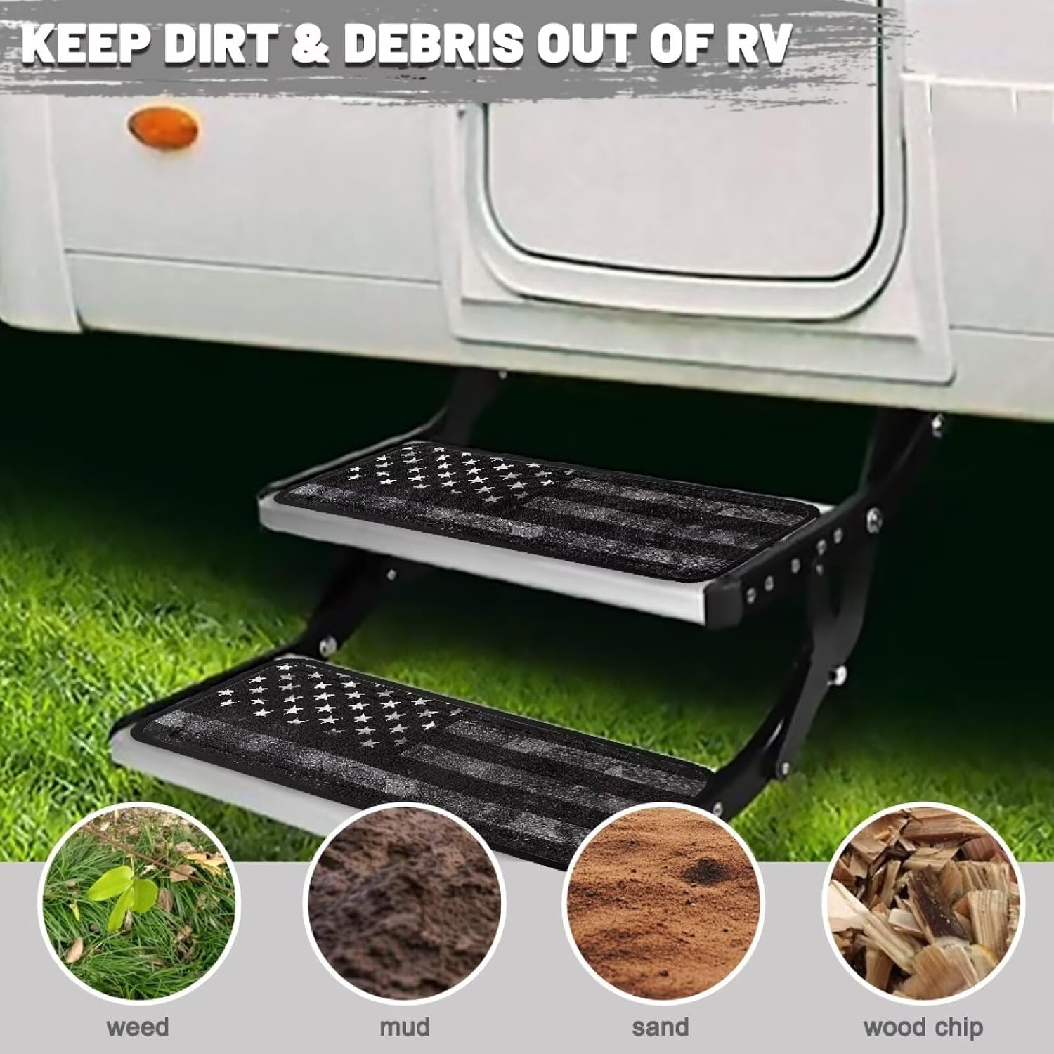 Boatee American Flag RV Step Rug RV Step Covers RV Step Carpet Trailscrubber RV Step Cover Non Slip RV Camper Step Stair Covers Easy to Install RV Stair Covers RV Deck Step Covers for Stairs Black