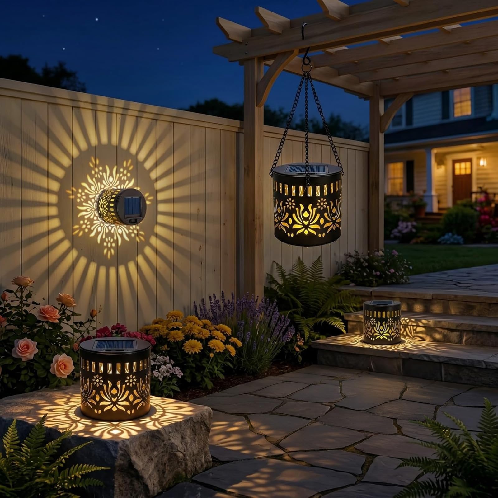 2 Pack Solar Lantern Wall Lights Outdoor, Decorative Floral Fence Light for Outside, Auto On/Off Solar Wall Lights,IP65 Waterproof Step Lights for Outside Table Patio Balcony, Stairs, Yard, Pathway