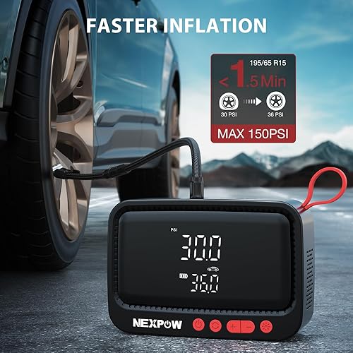 Miniatura 2 de NEXPOW Compresor de aire portátil N19 Plus - Bomba de aire para neumáticos de automóvil, luz LED y función de apagado automático, bomba inalámbrica